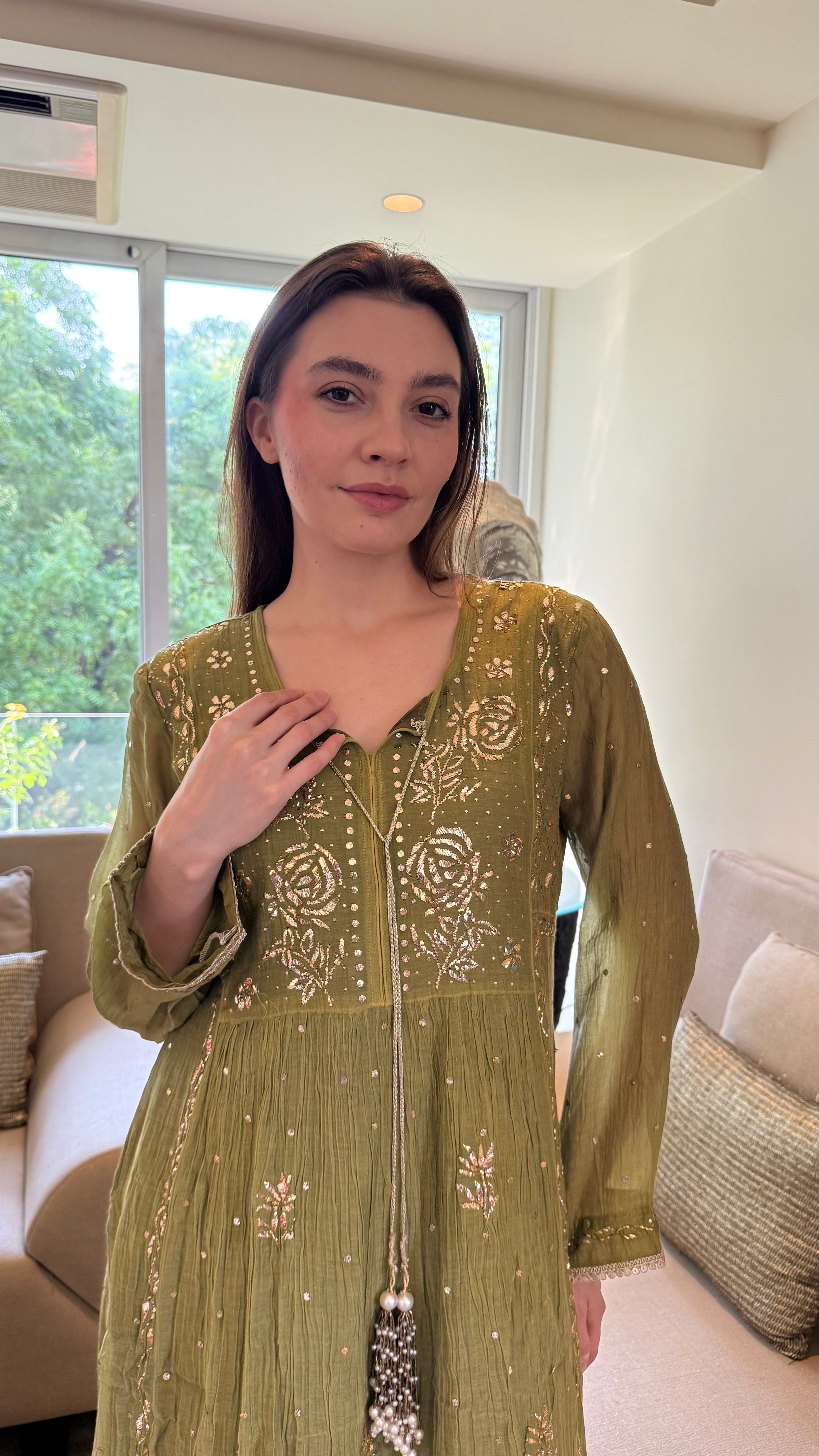 Olive Haya Kurta Dupatta Pant Set in Chanderi with Golden Pitta