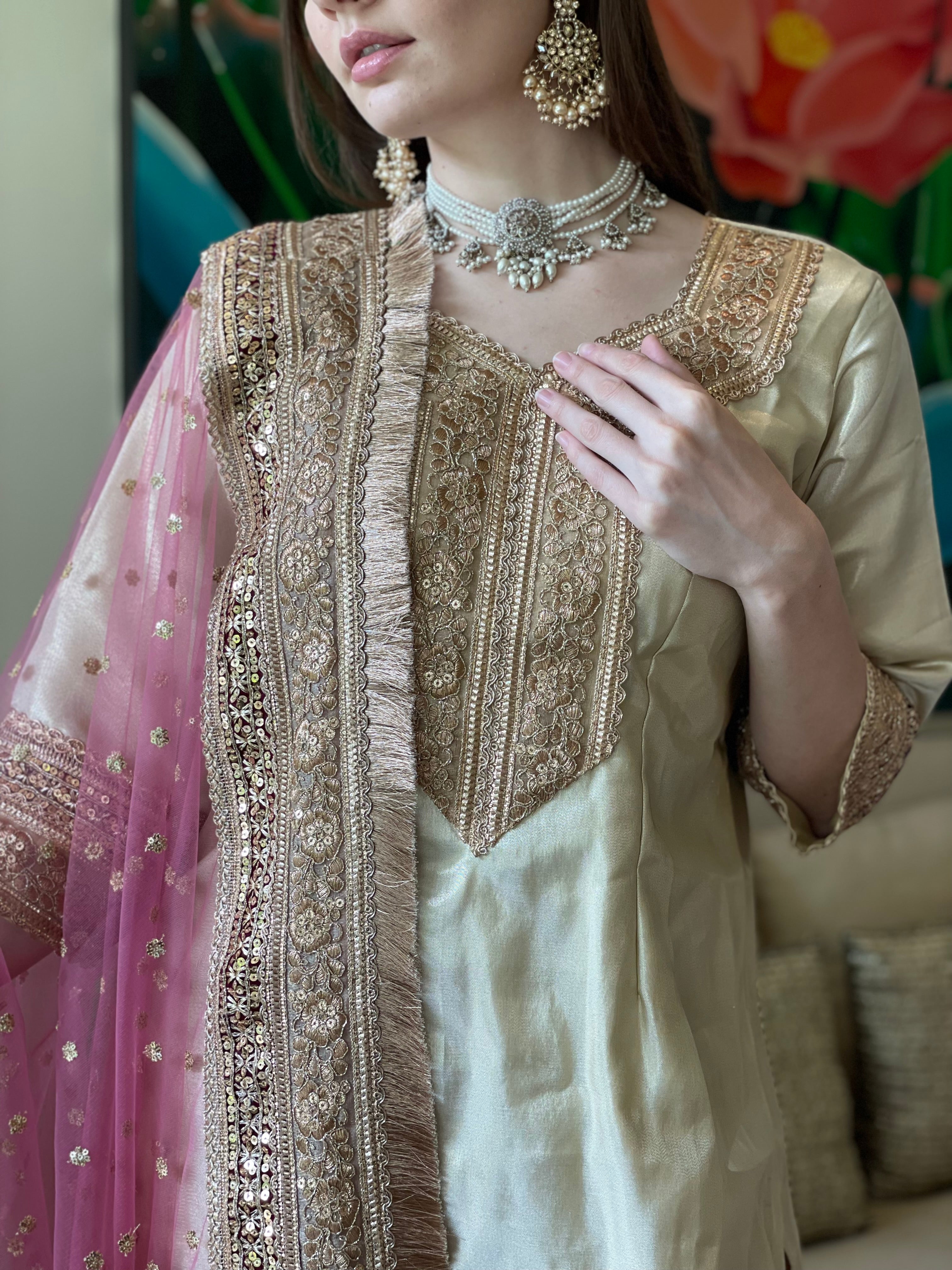 The Noor Jahan Gharara set in Gold & Pink