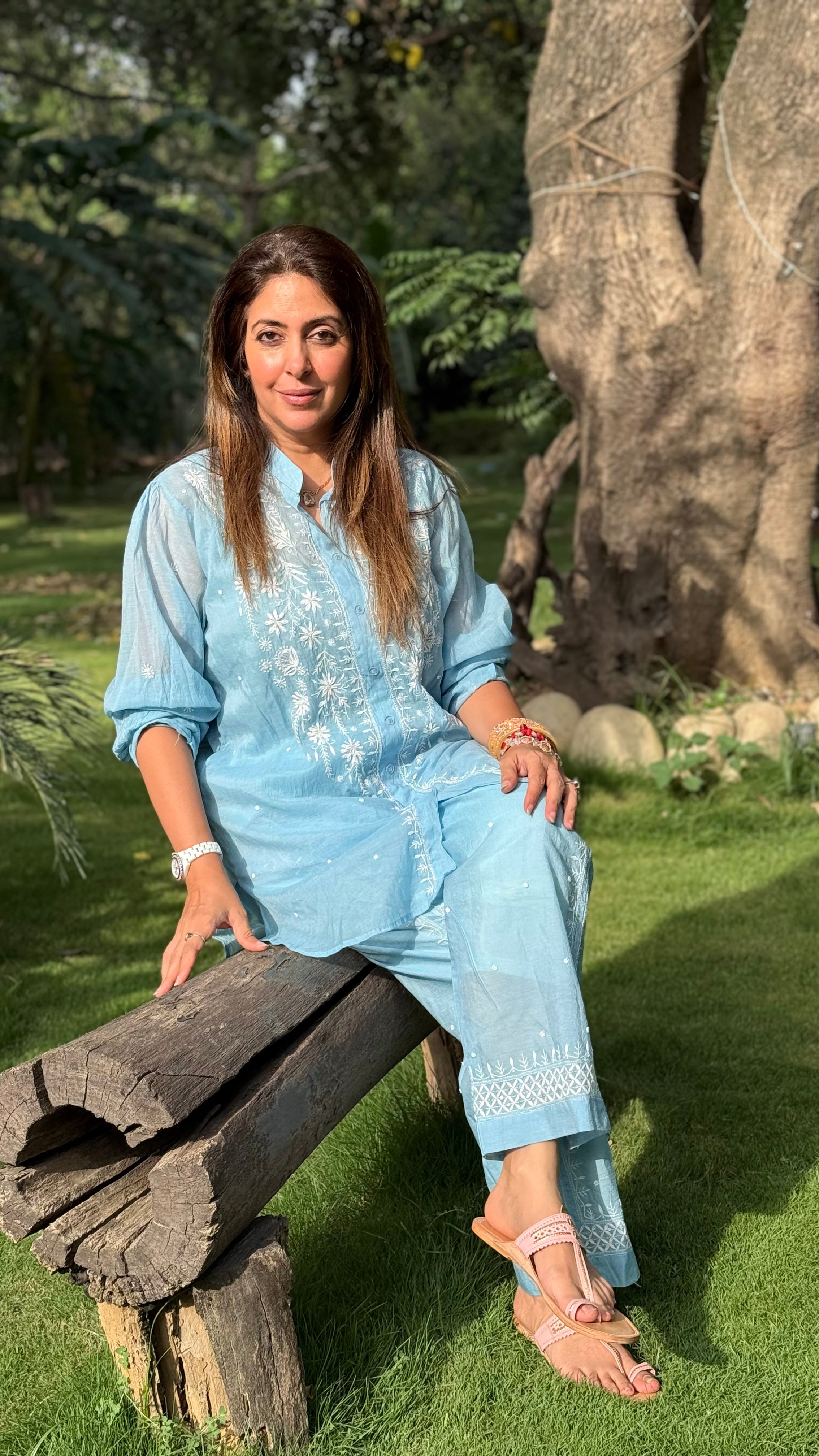 Sky Blue Mul Chanderi Mehak Co-ord Set with Moti Cutdana