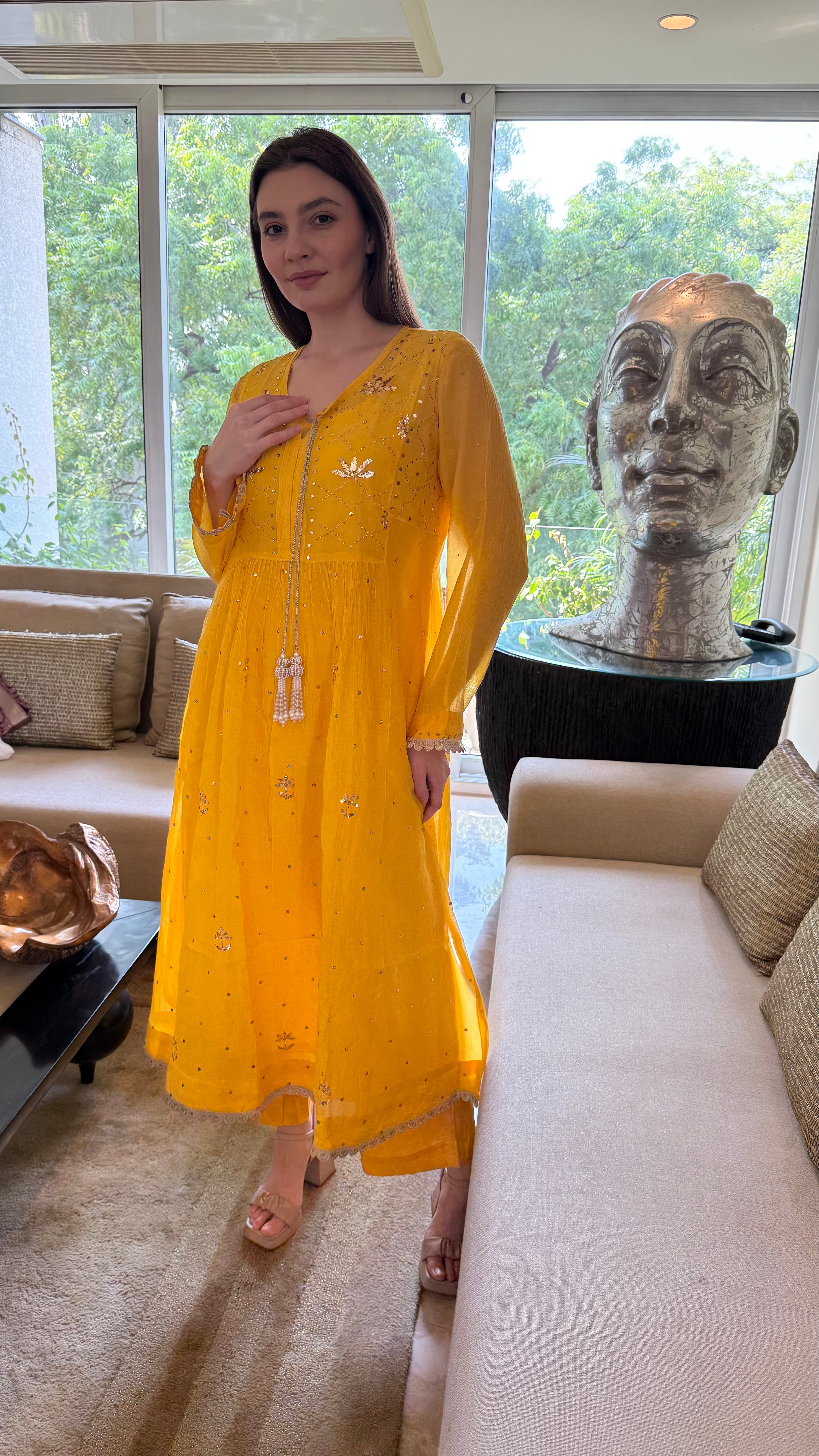 Yellow Haya Kurta Dupatta Pant Set in Chanderi with Golden Pitta