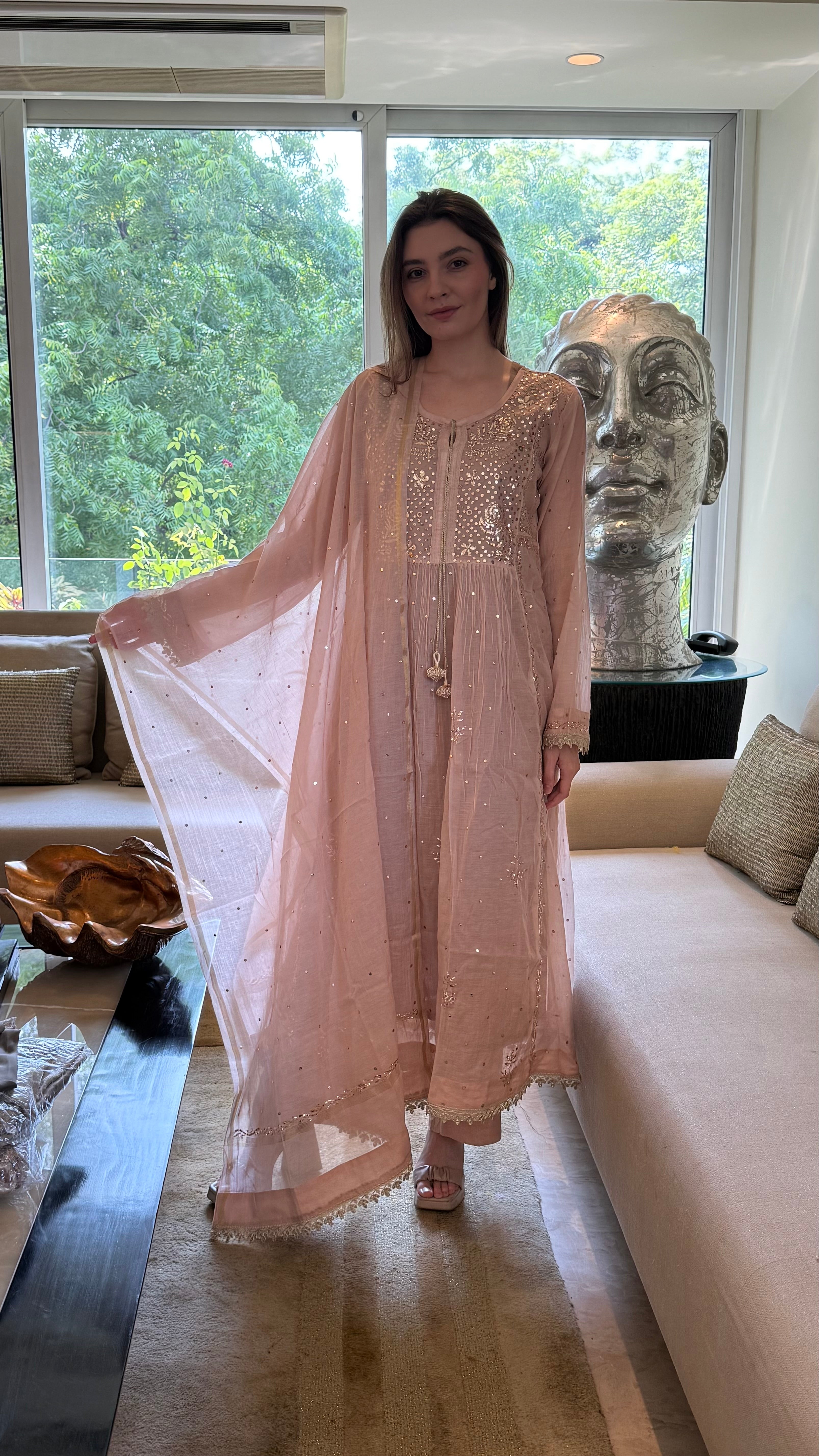 Rose Haya Kurta Dupatta Pant Set in Chanderi with Golden Pitta