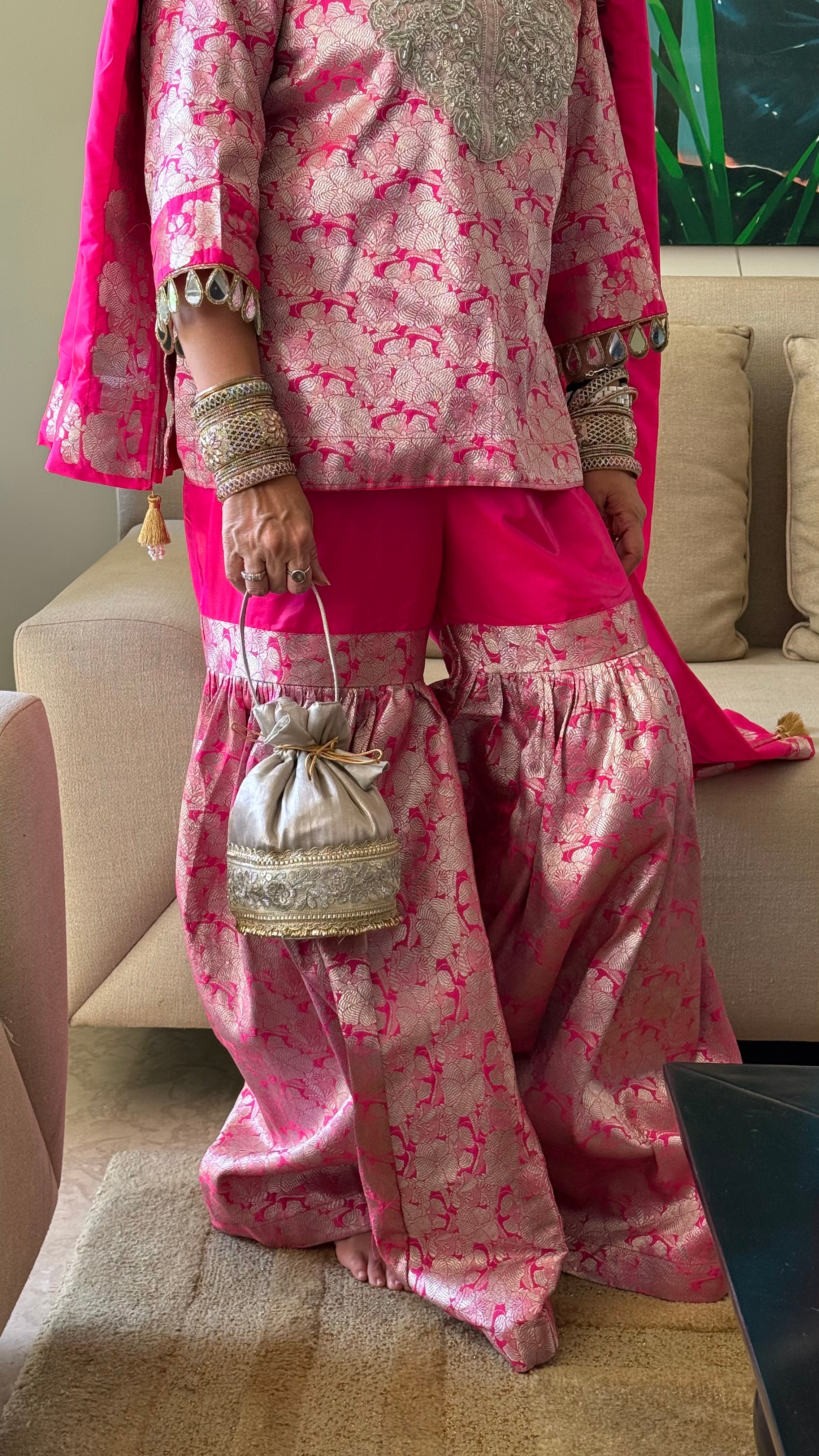 Pink Silver Noori Gharara brocade set