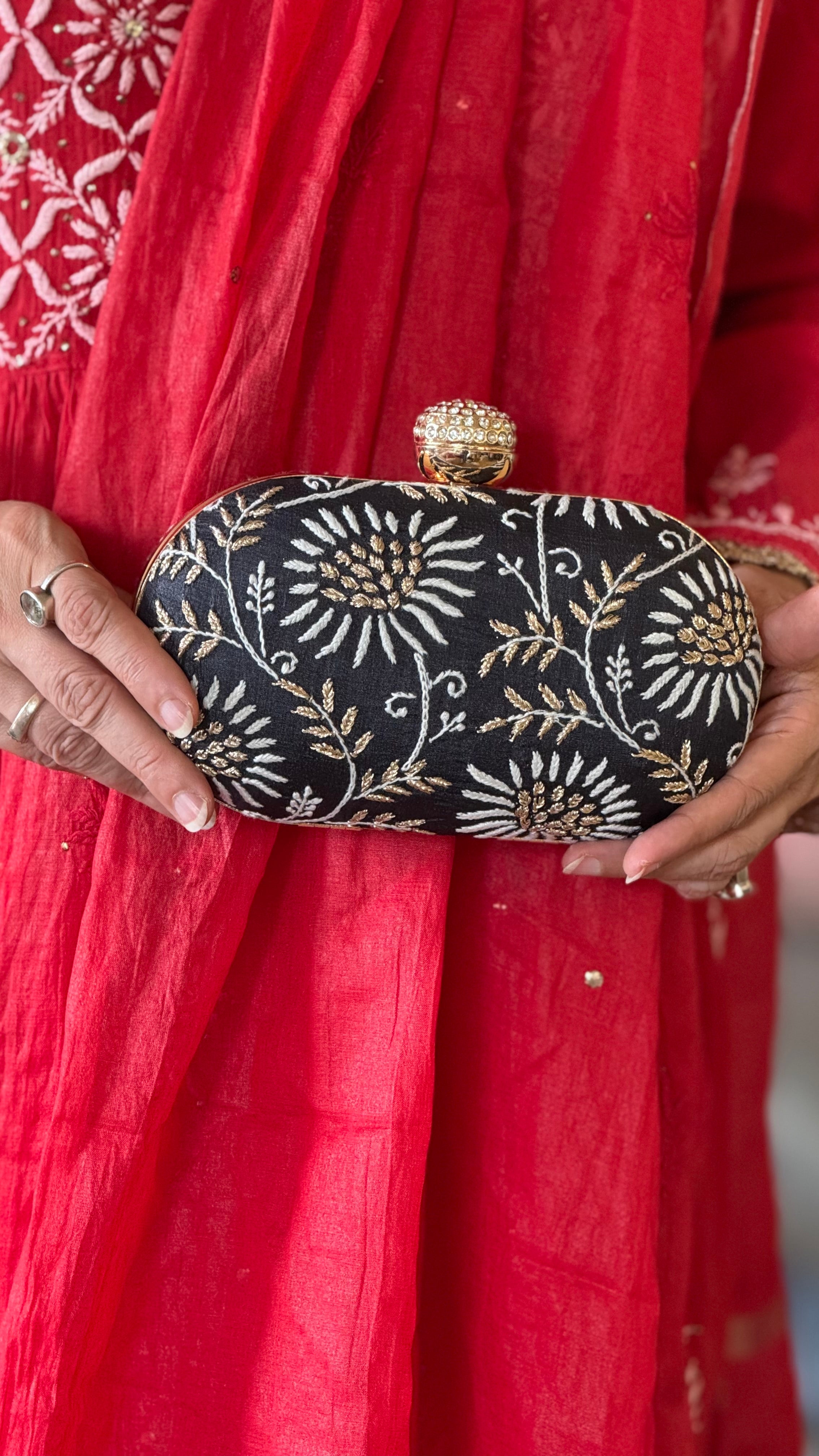 Black Ameera Clutch With Lucknawi and Zari Emroidery