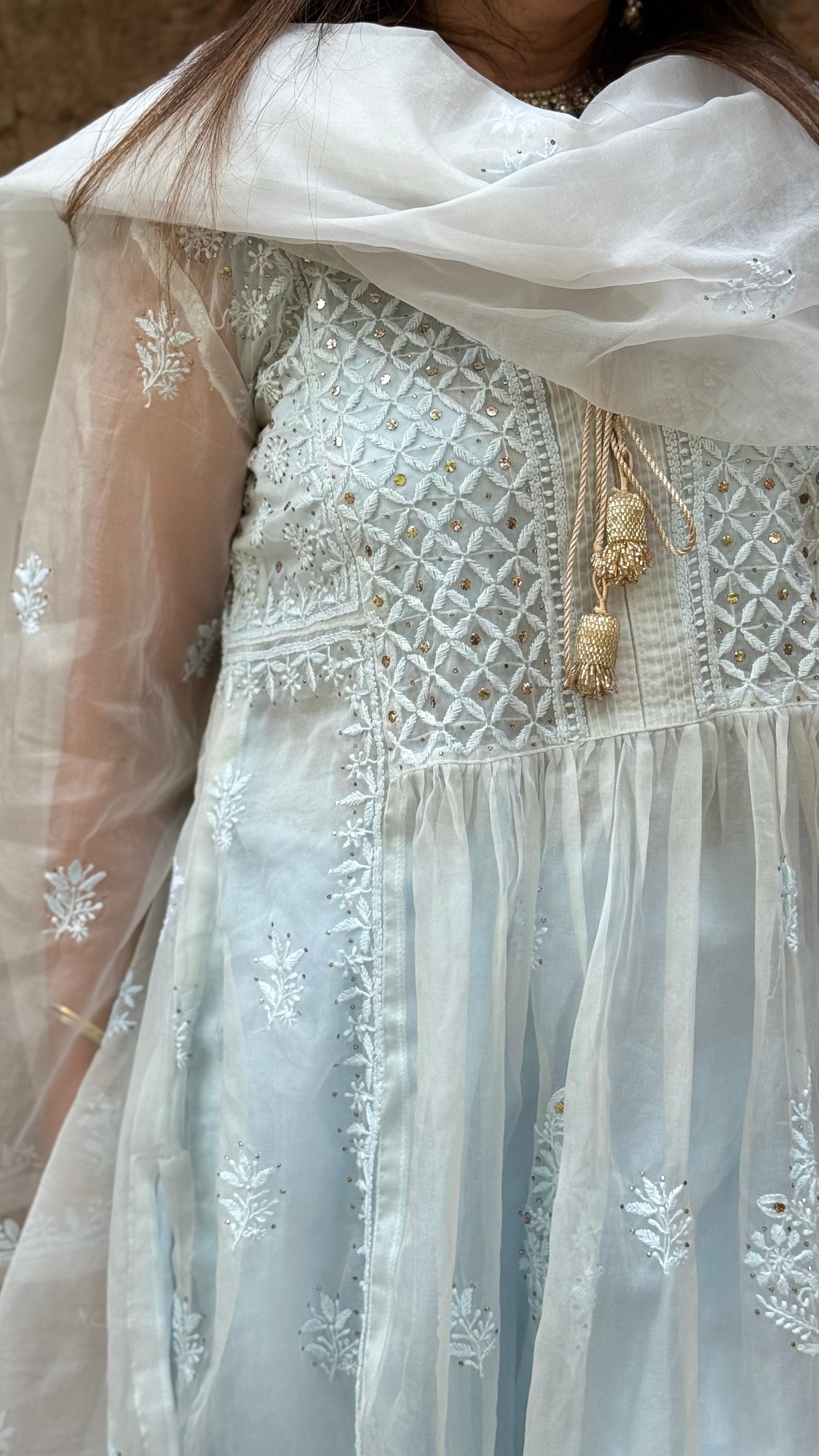 Ice Blue Organza Husna Kurta Pant Dupatta with Moti Cutdana