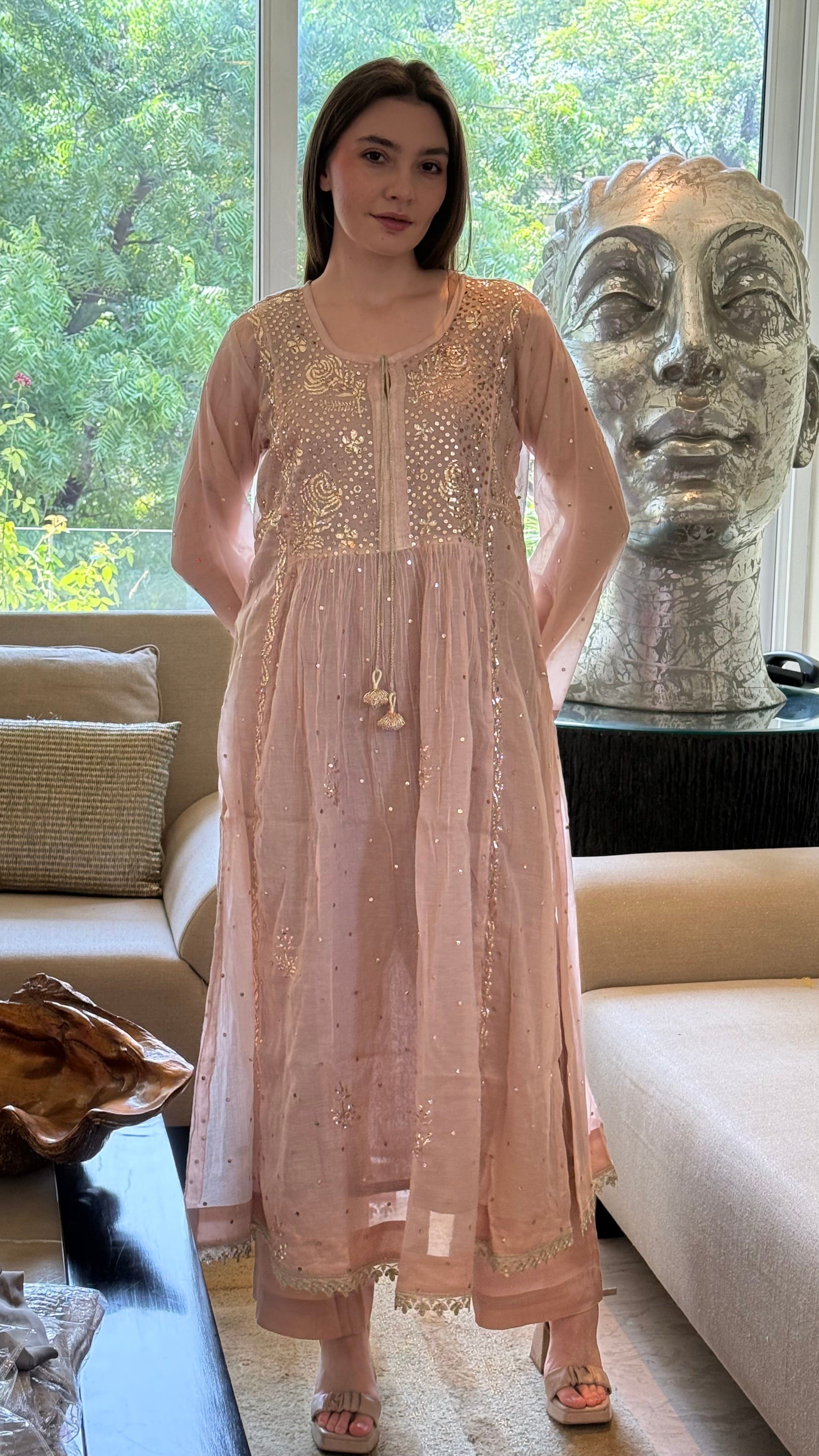 Rose Haya Kurta Dupatta Pant Set in Chanderi with Golden Pitta