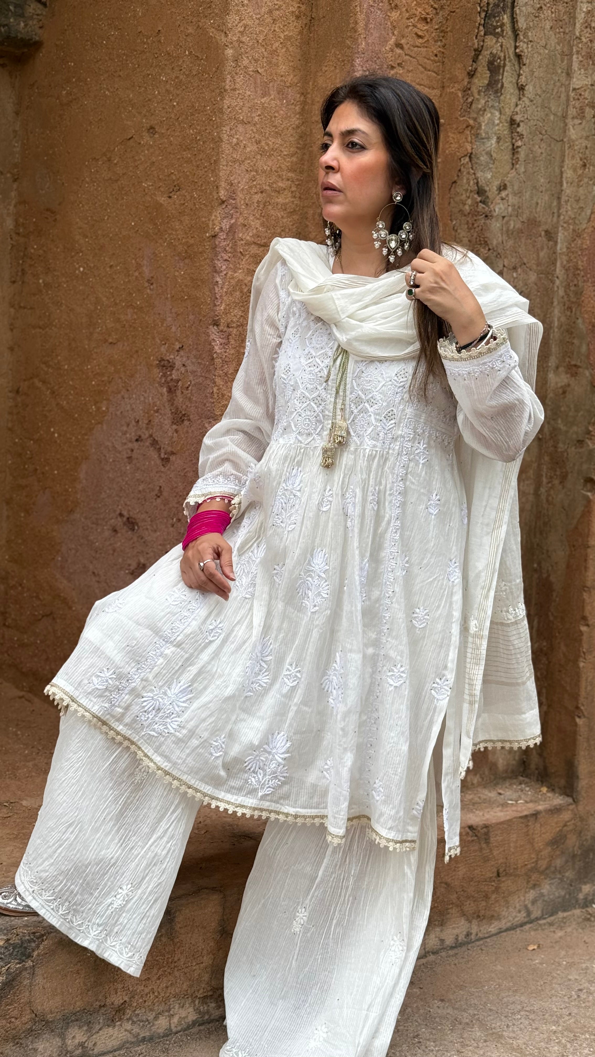 White Meher Mul Chanderi Gharara Set with Mukaish