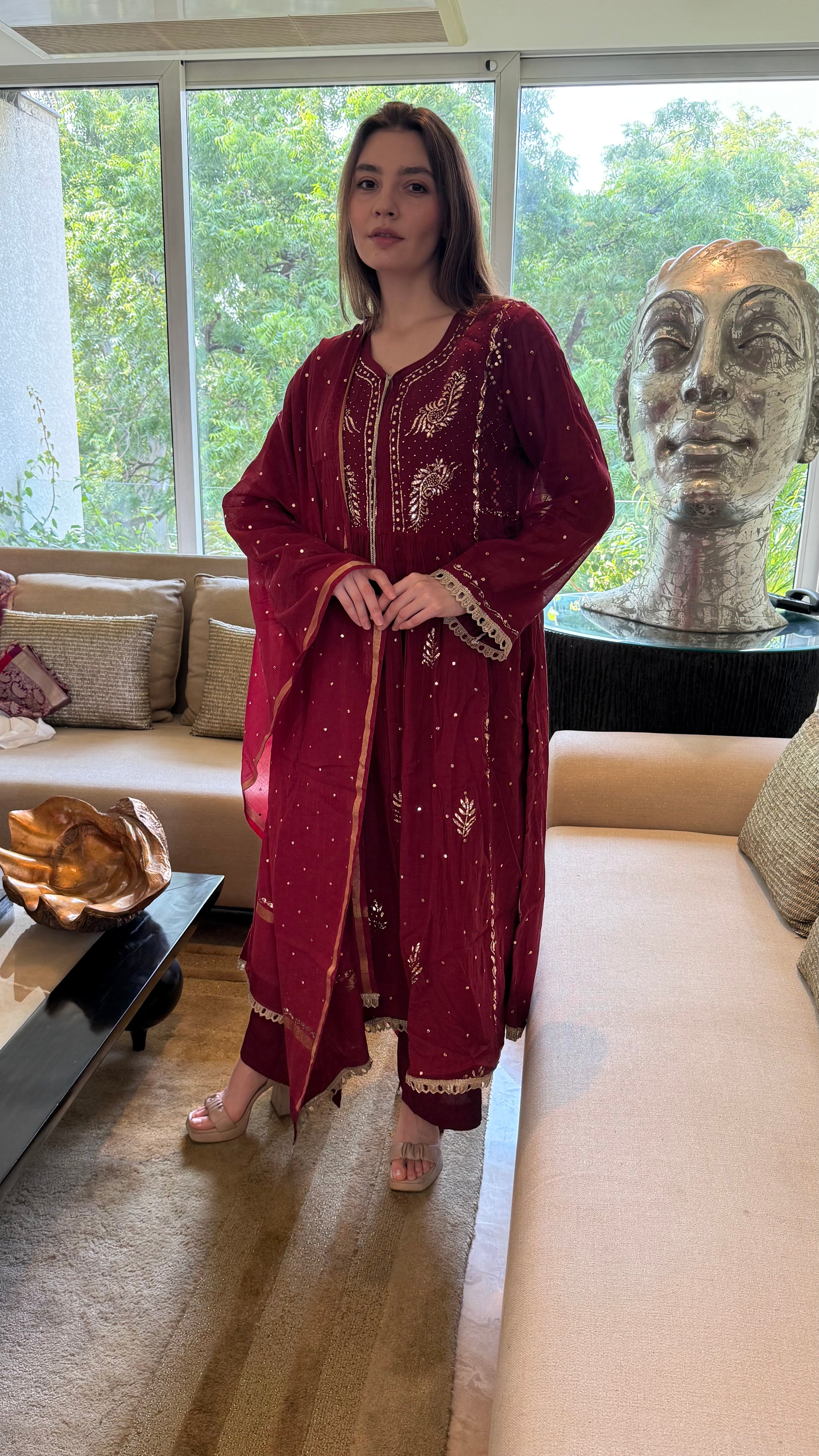 Maroon Haya Kurta Dupatta Pant Set in Chanderi with Golden Pitta