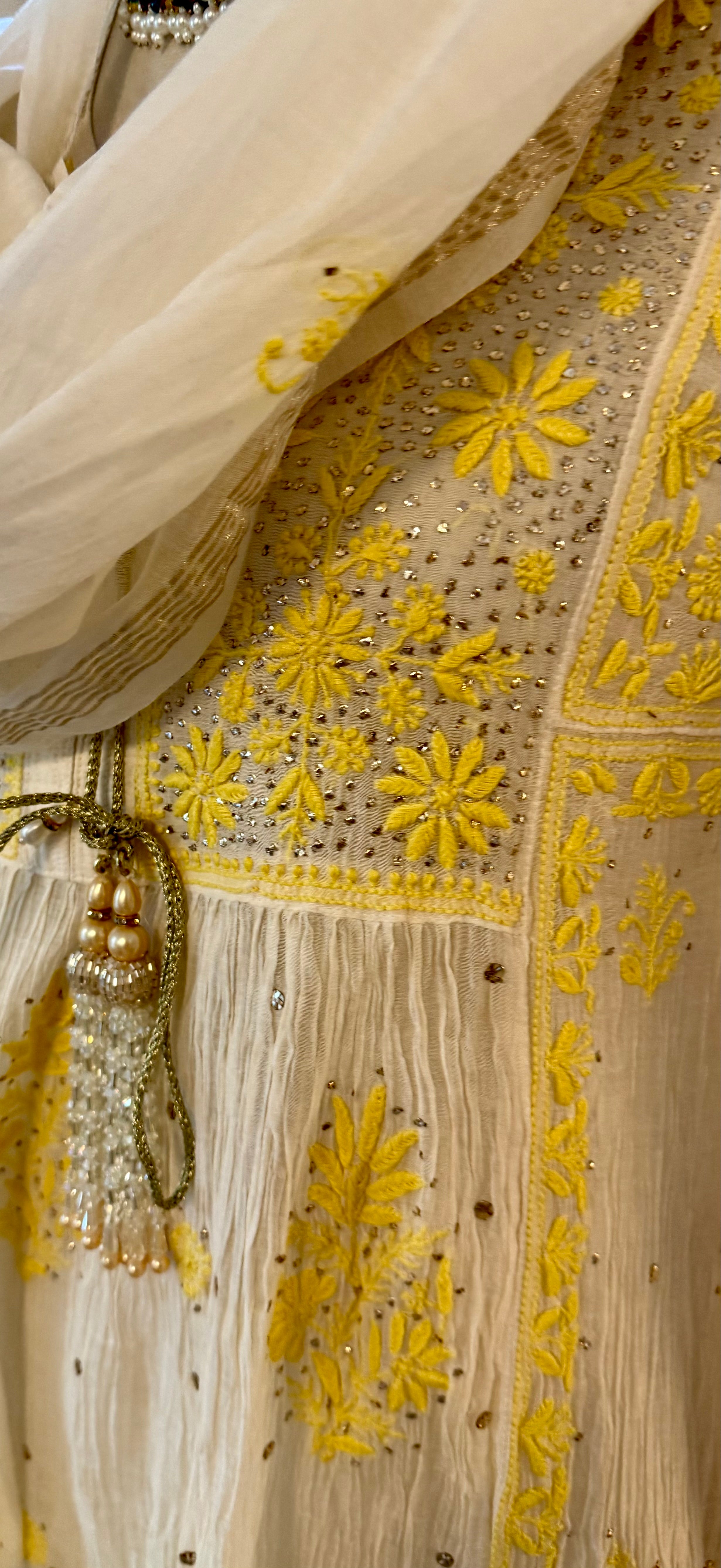 Ivory/ Yellow Mul Chanderi Amaltas Kurta Pant Dupatta Set with Mukaish