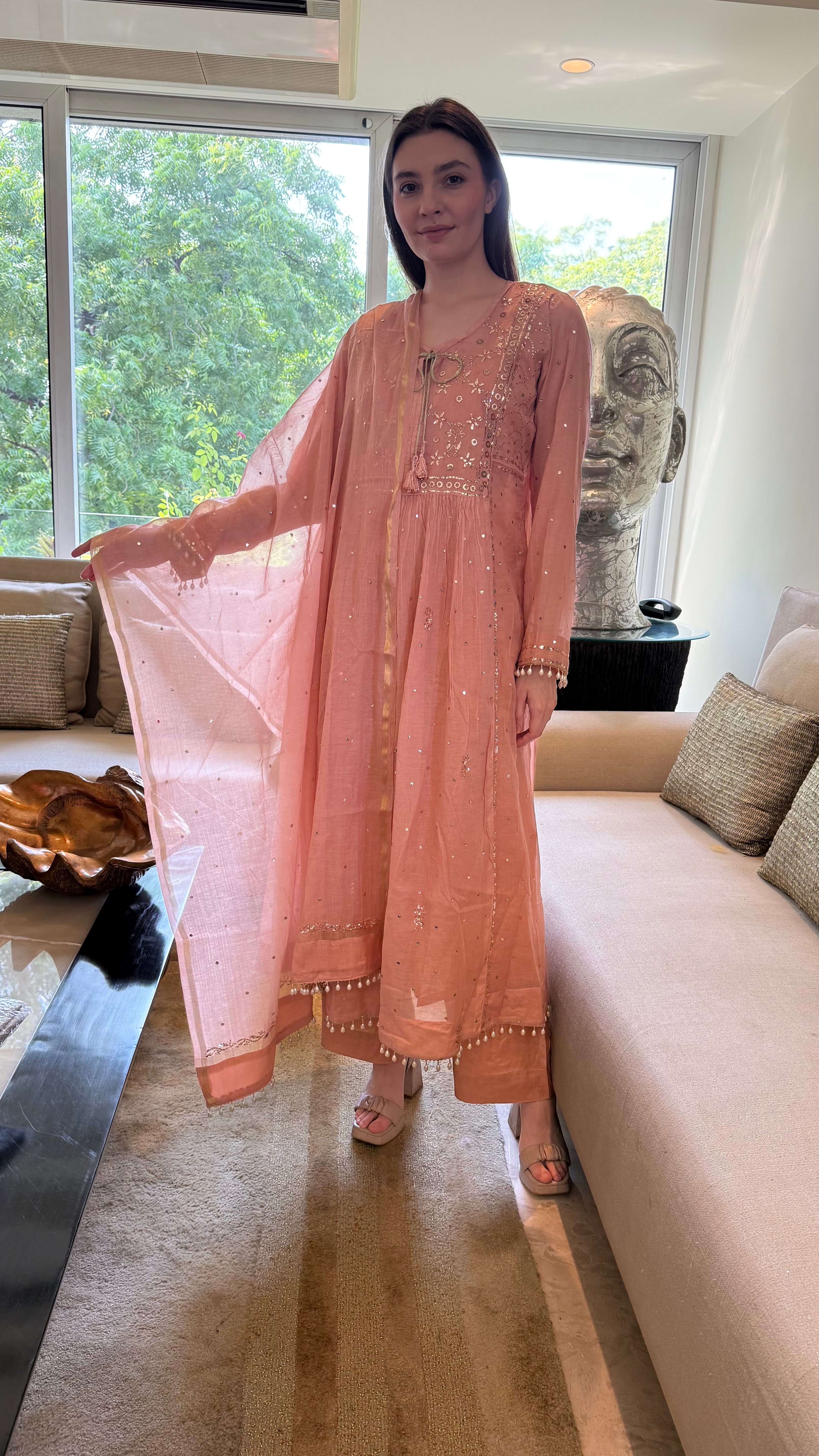 Dark Nude Haya Kurta Dupatta Pant Set in Chanderi with Golden Pitta