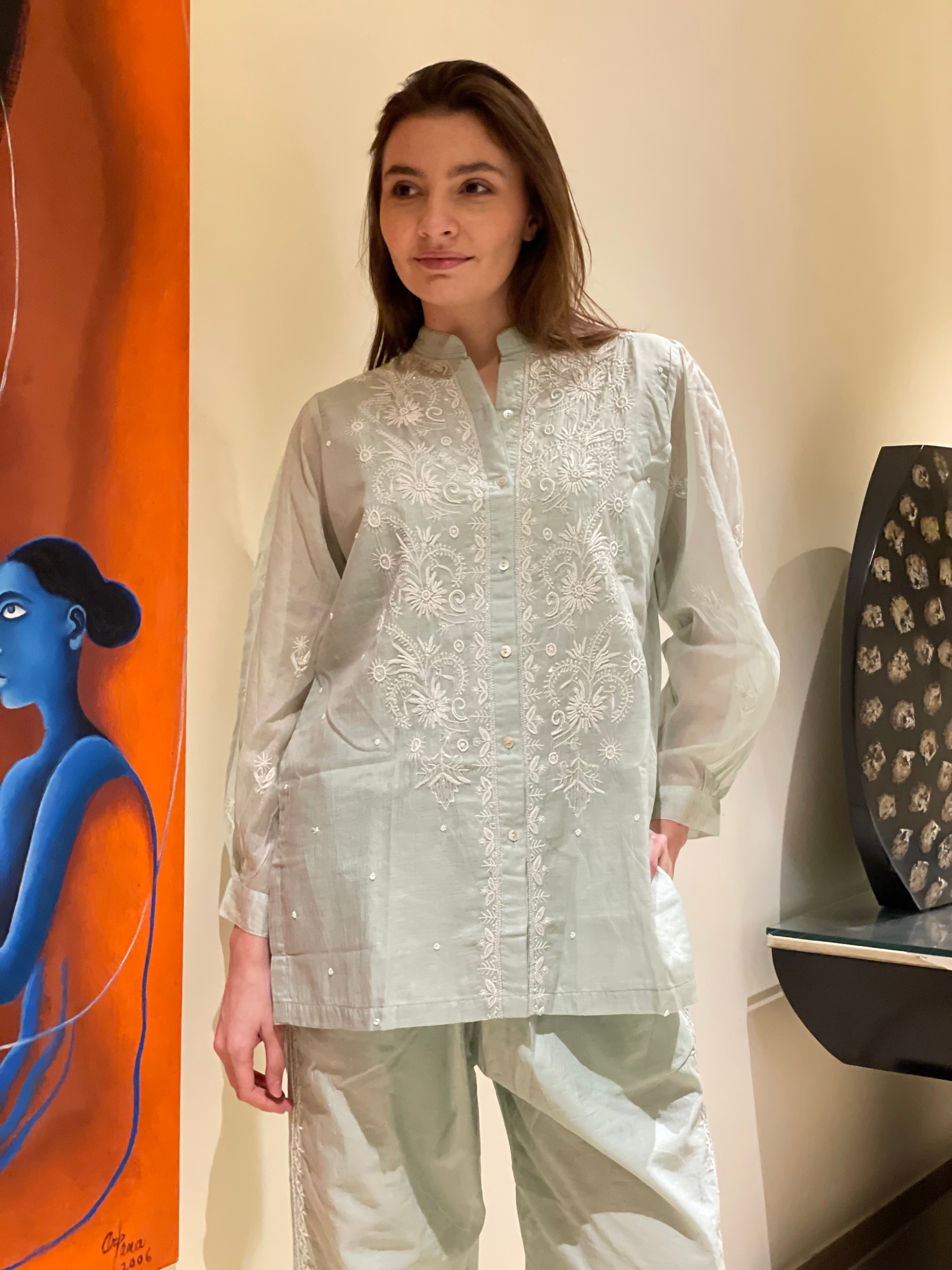 Aqua Mul Chanderi Jahan Chikankari Co-ord Set with Moti cutdana