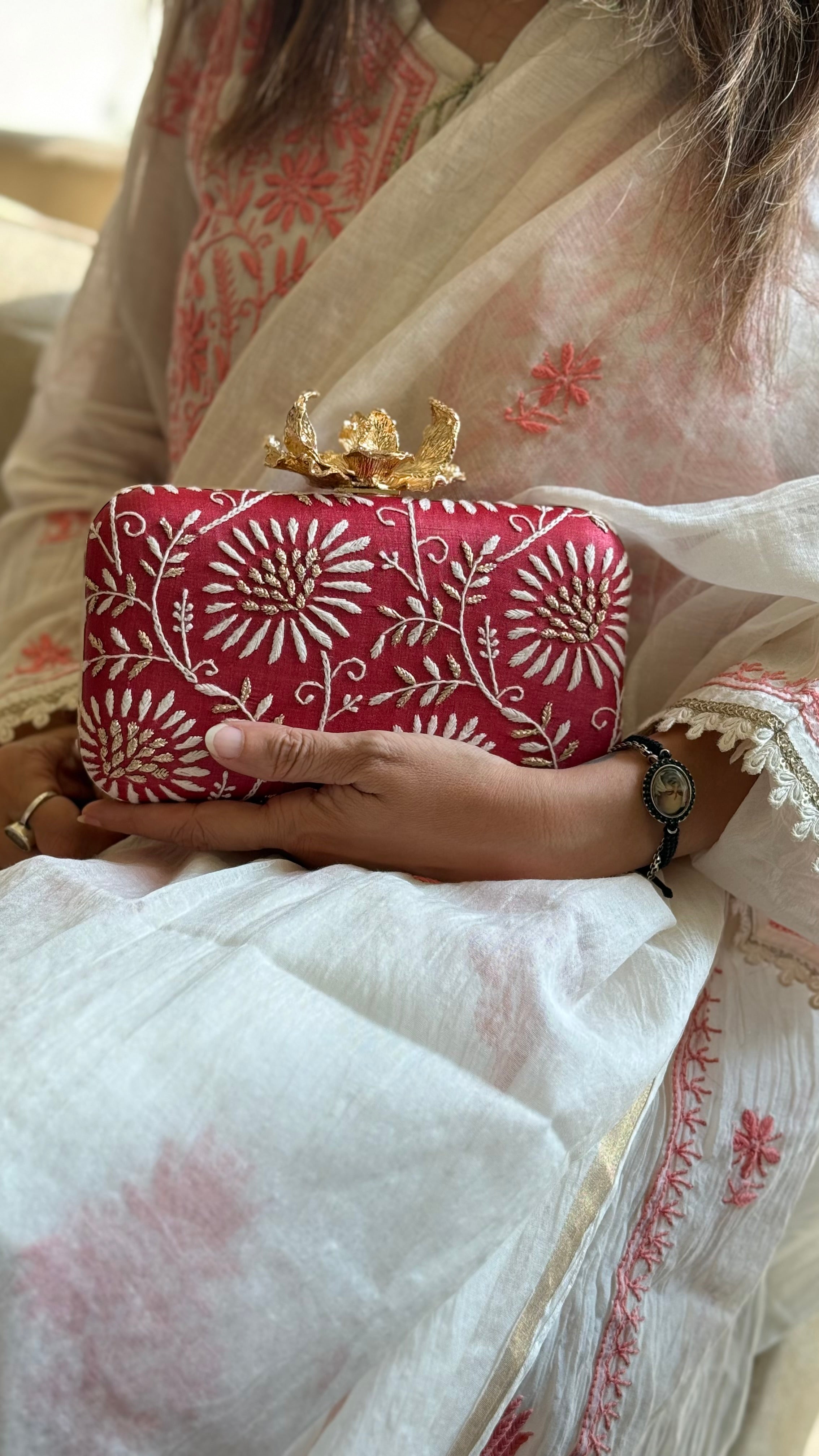 Red Ameera Clutch With Lucknawi and Zari Emroidery