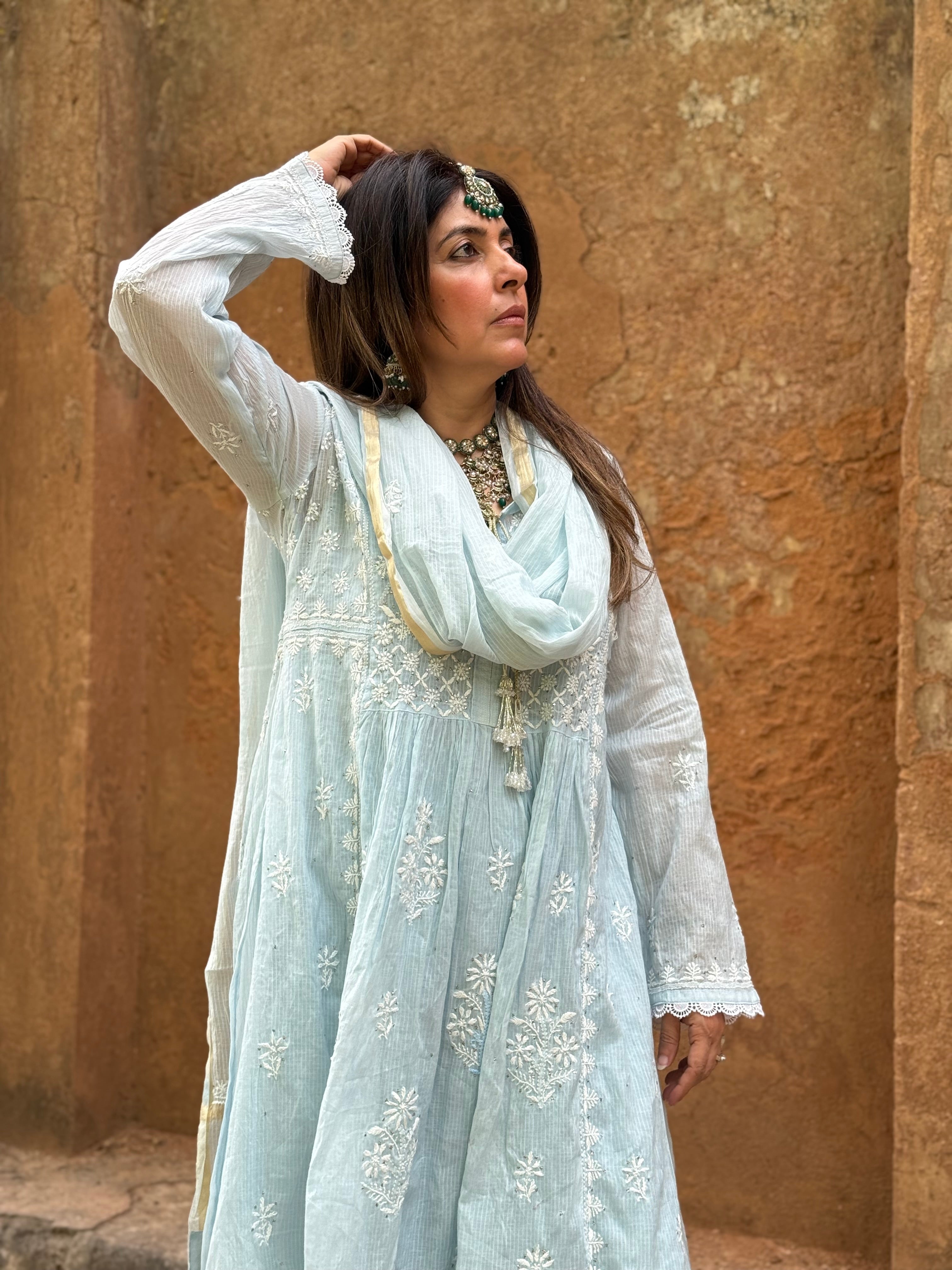 Sky Blue Mul Chanderi Gharara Set with Mukaish