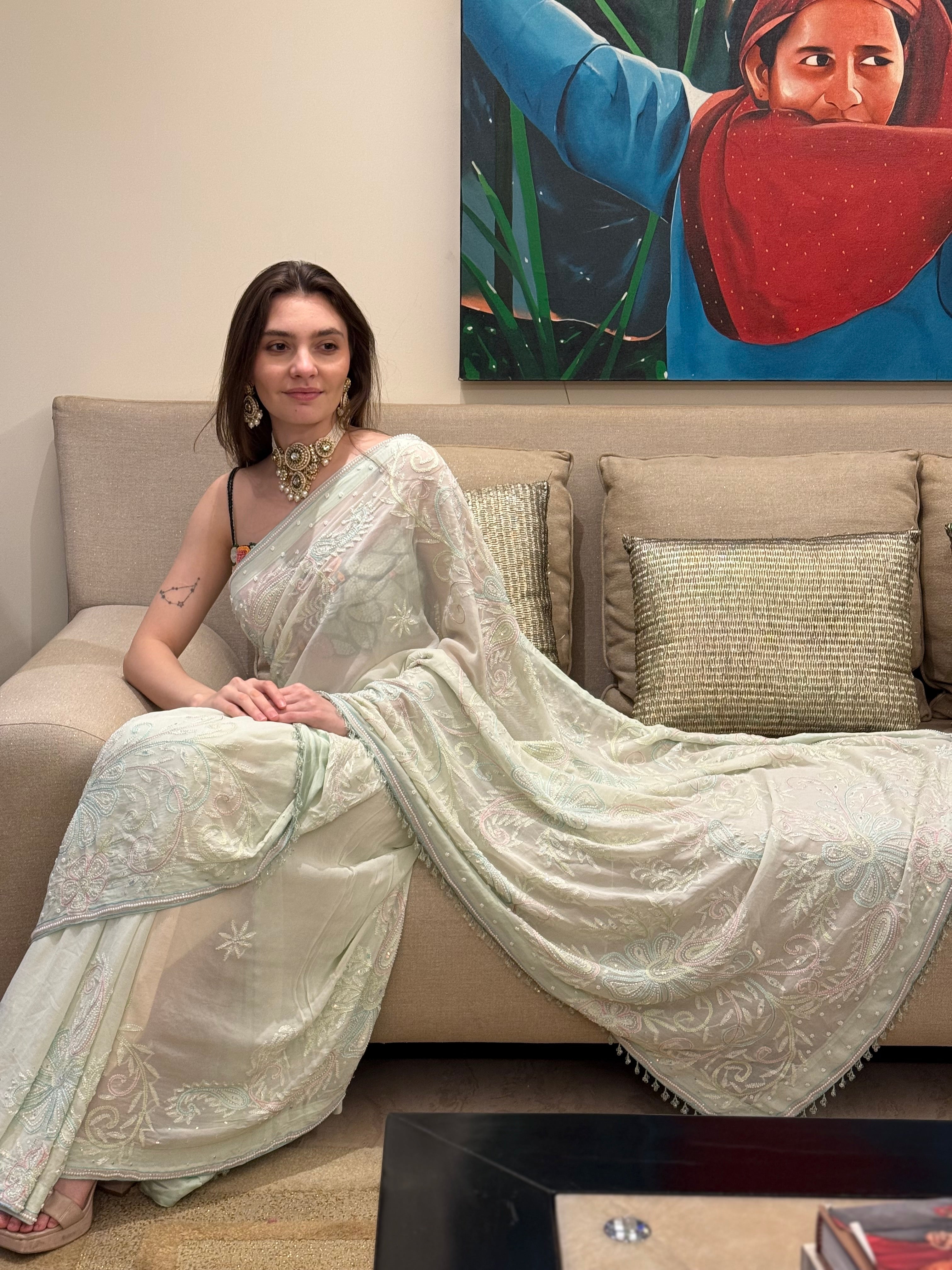Nasreen Sea Green Georgette Chikankari Saree