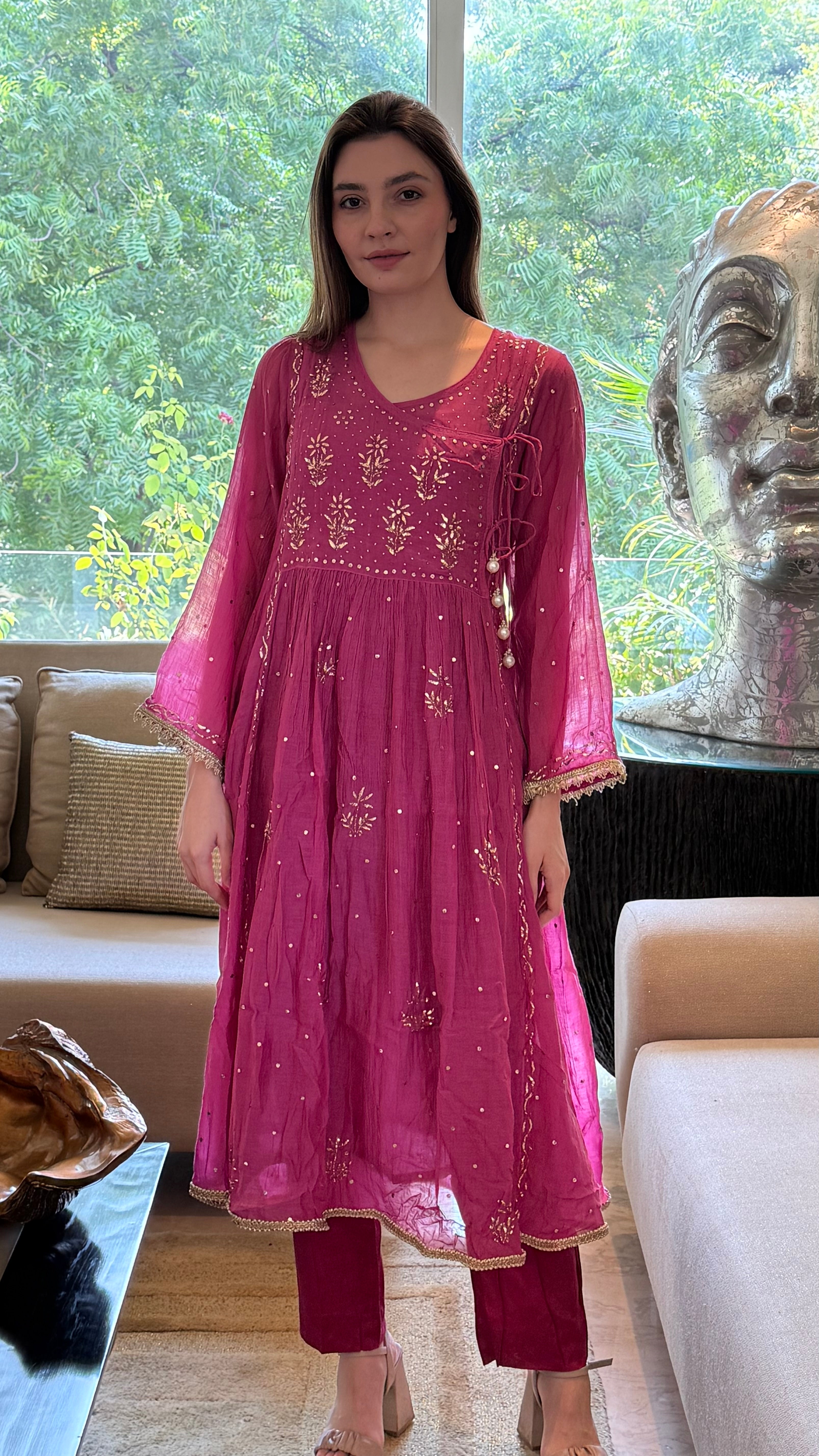Magenta Haya Angarkha Dupatta Pant Set in Chanderi with Golden Pitta