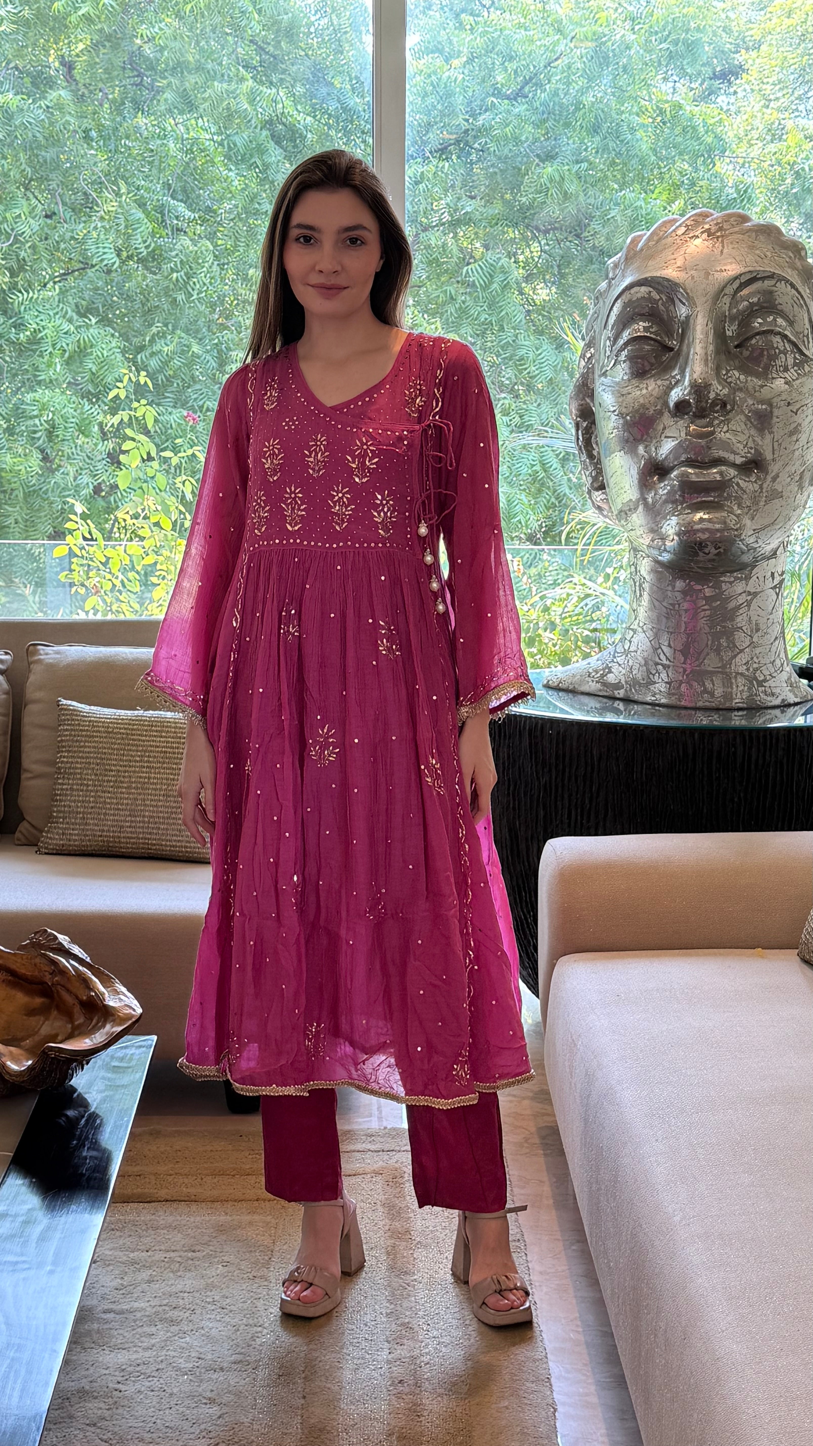 Magenta Haya Angarkha Dupatta Pant Set in Chanderi with Golden Pitta