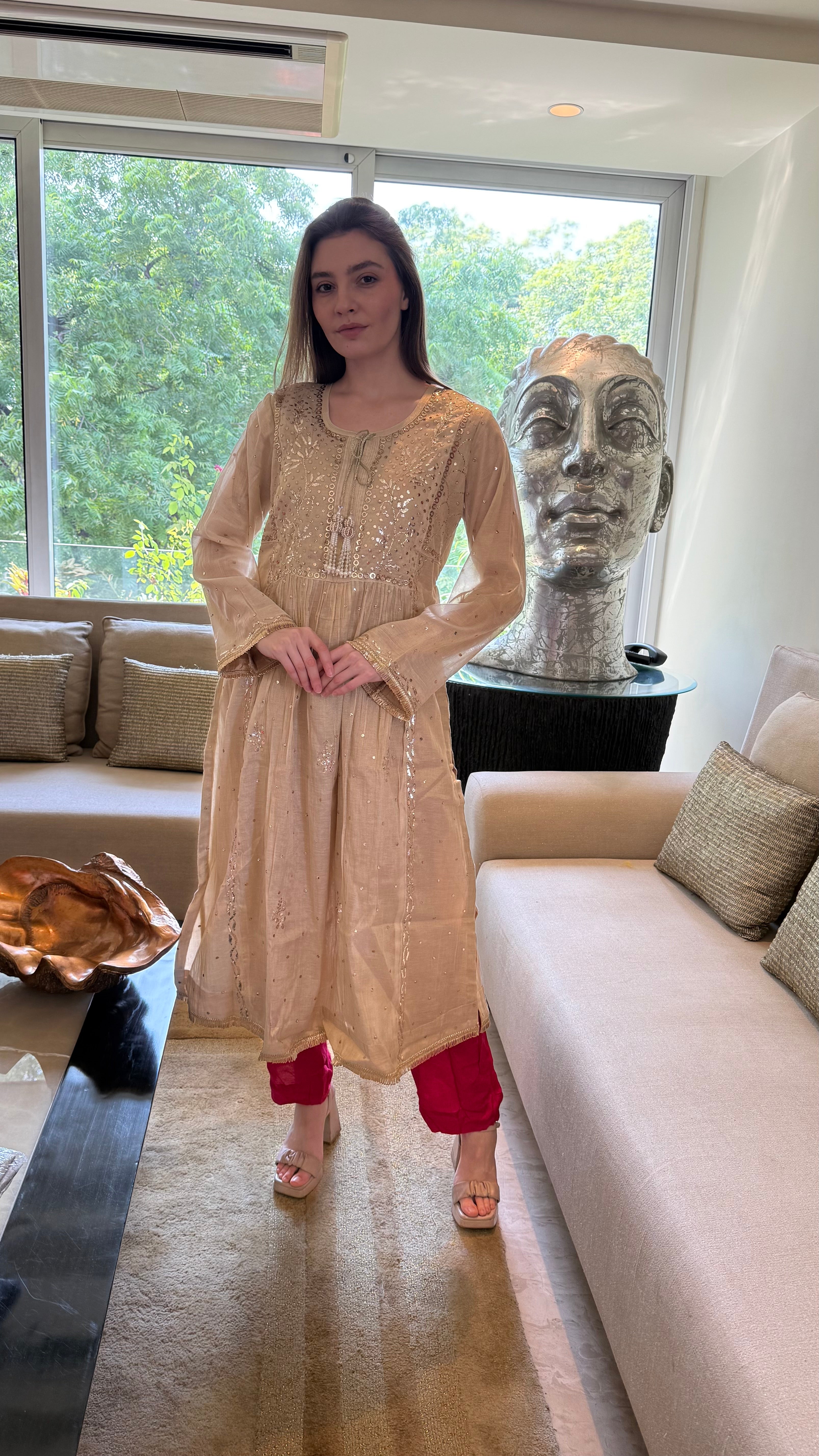 Gold Haya Kurta Dupatta Pant Set in Chanderi with Golden Pitta