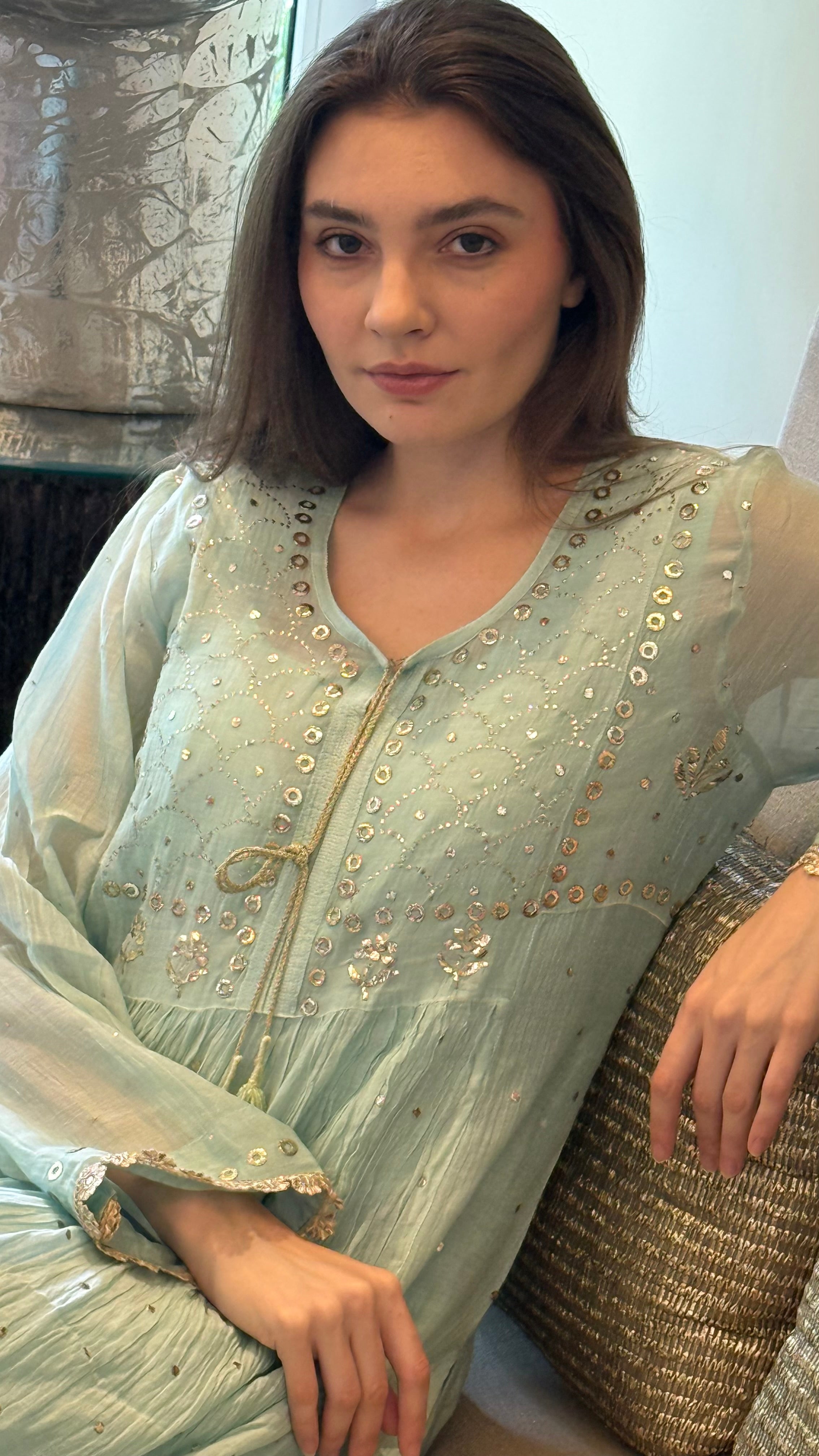 Aqua Haya Kurta Dupatta Pant Set in Chanderi with Golden Pitta