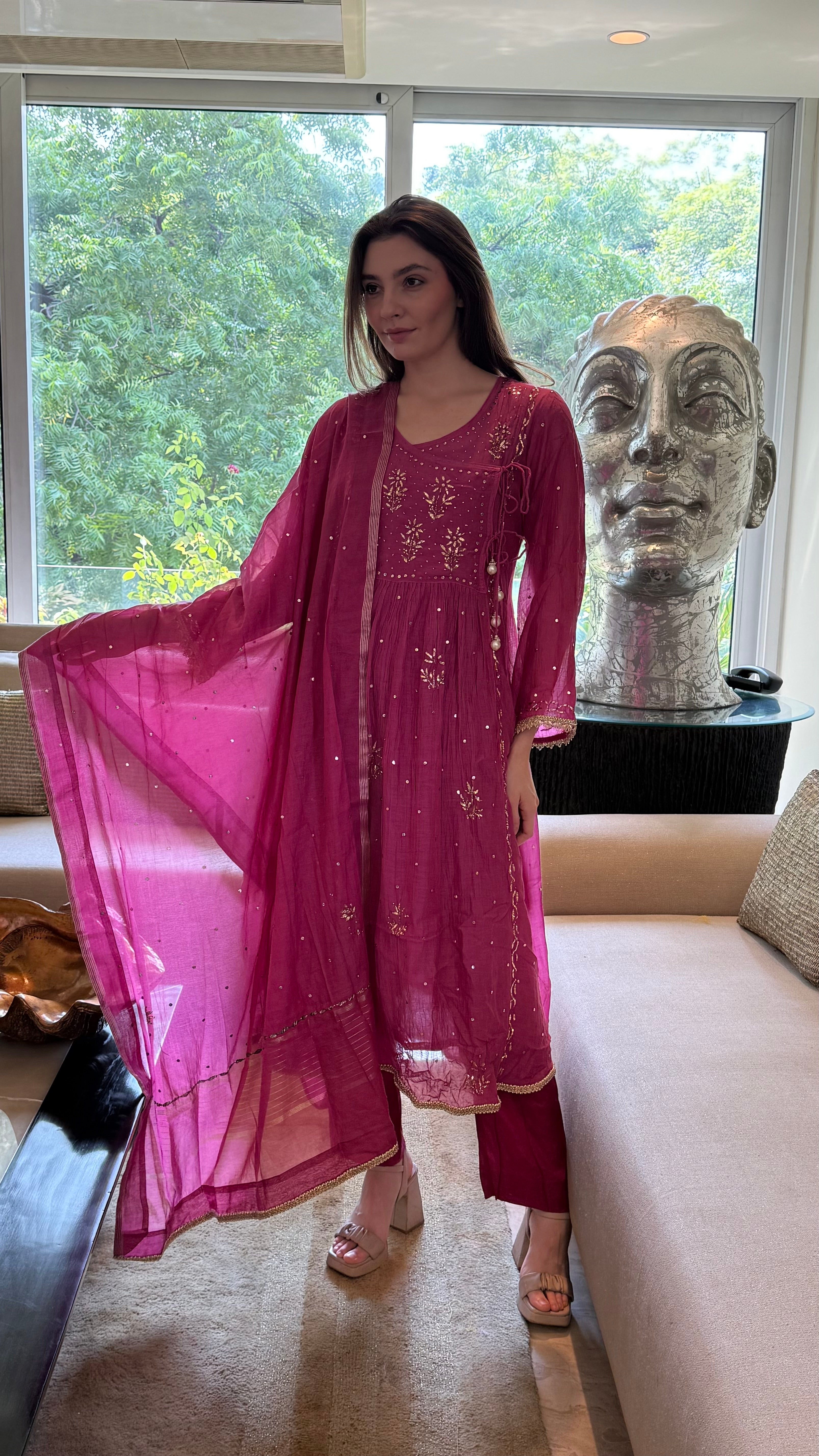 Magenta Haya Angarkha Dupatta Pant Set in Chanderi with Golden Pitta