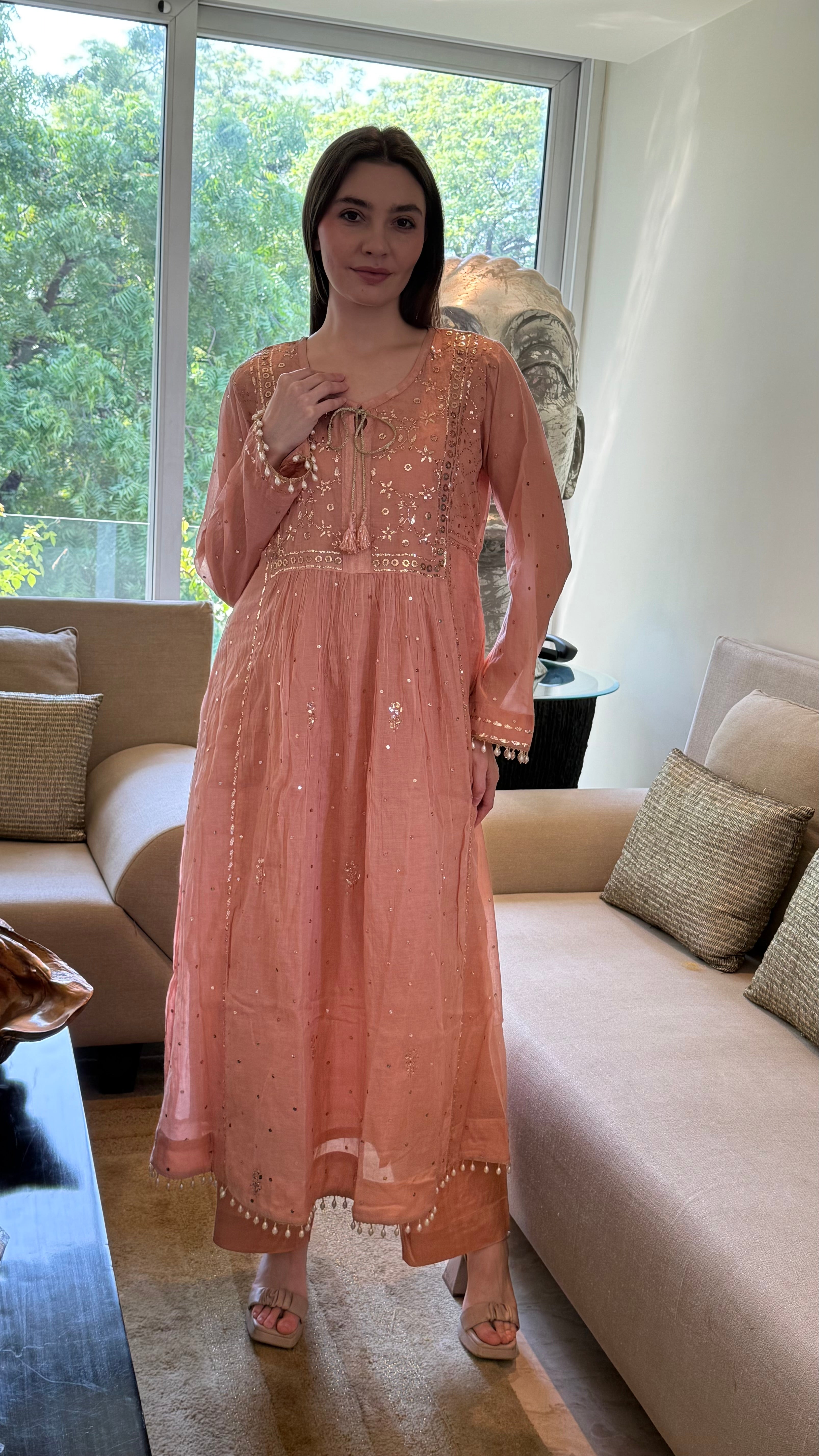 Dark Nude Haya Kurta Dupatta Pant Set in Chanderi with Golden Pitta