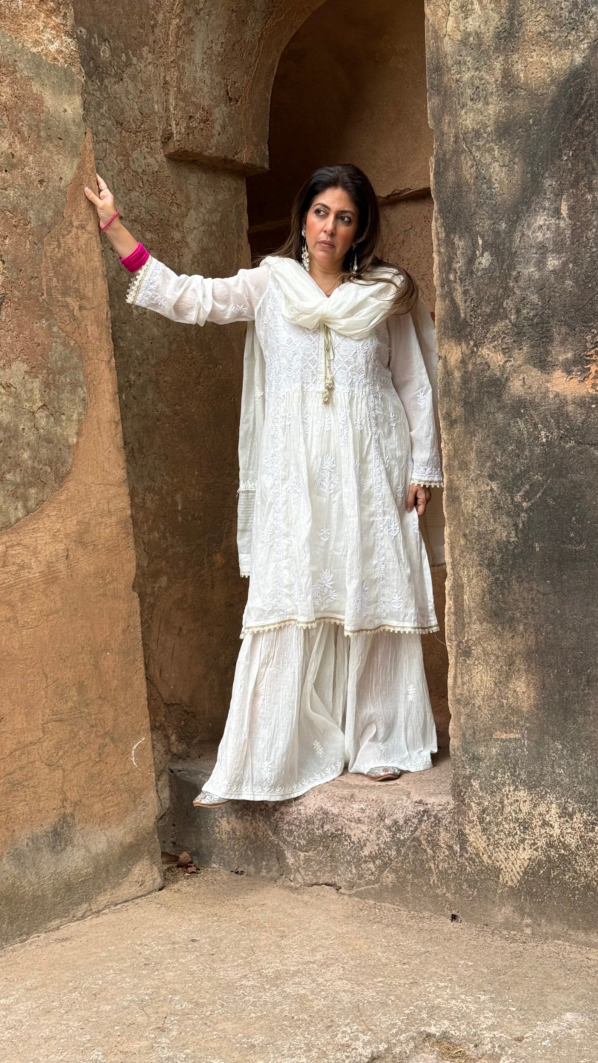 White Meher Mul Chanderi Gharara Set with Mukaish