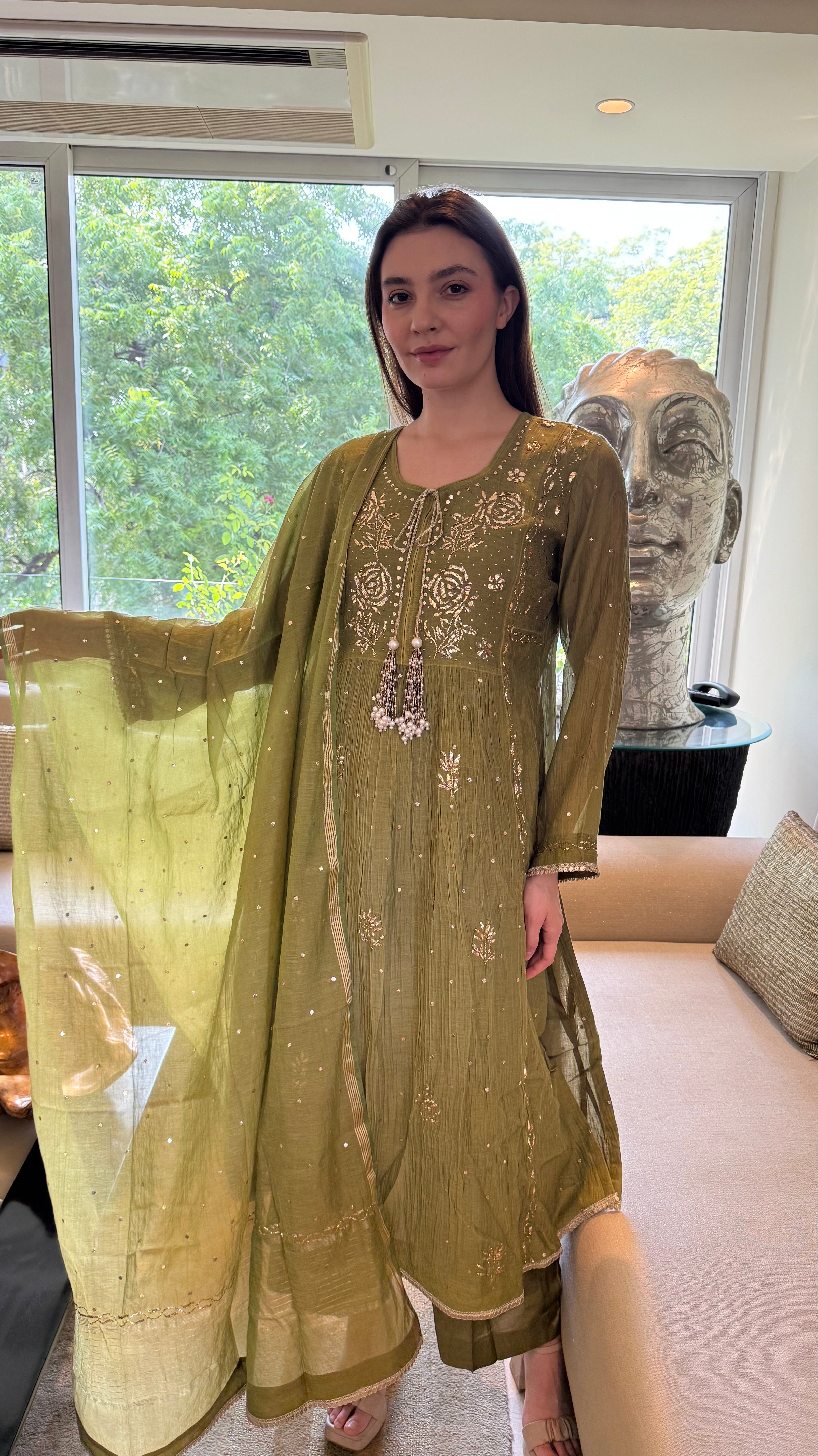 Olive Haya Kurta Dupatta Pant Set in Chanderi with Golden Pitta
