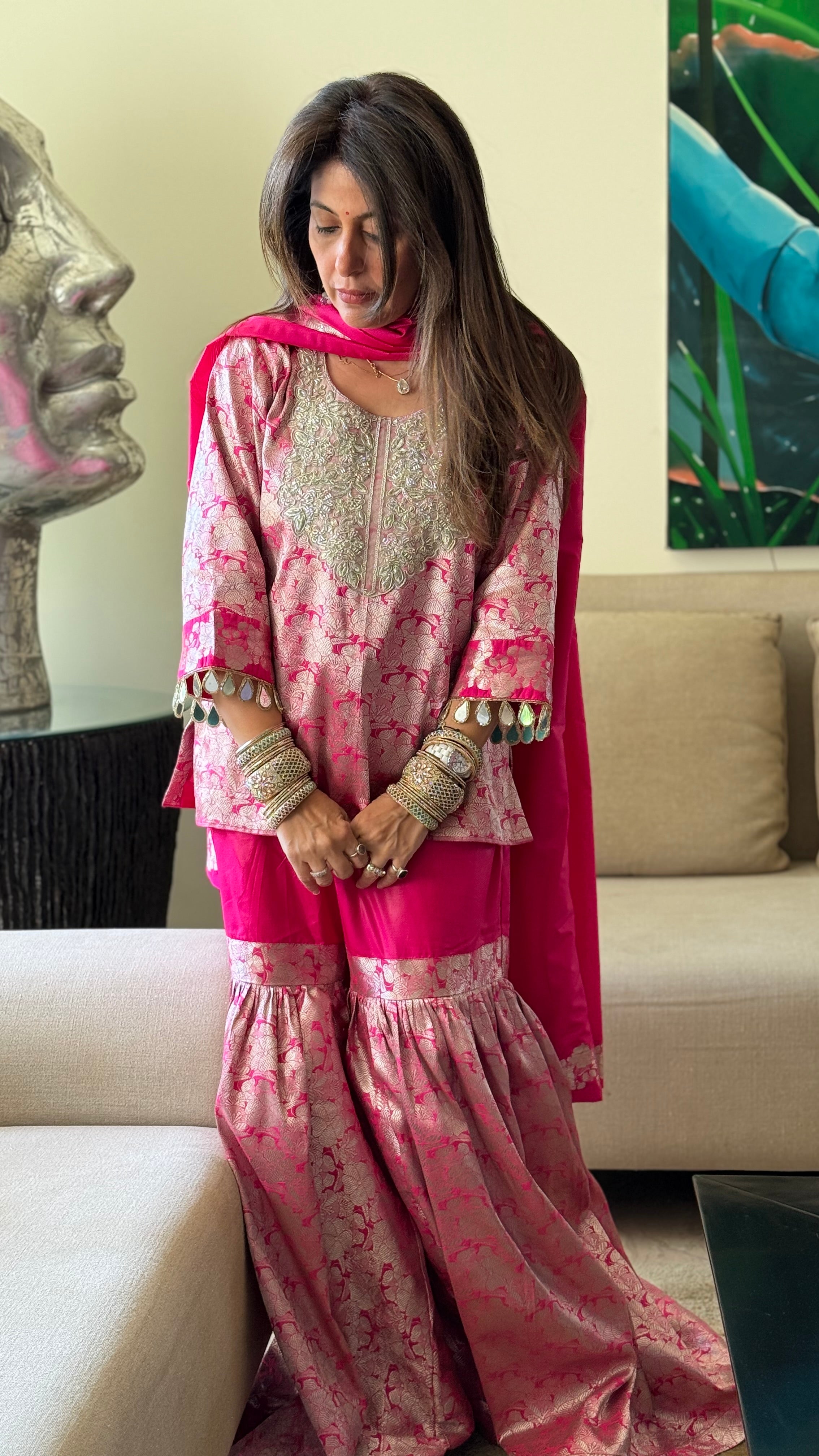 Pink Silver Noori Gharara brocade set