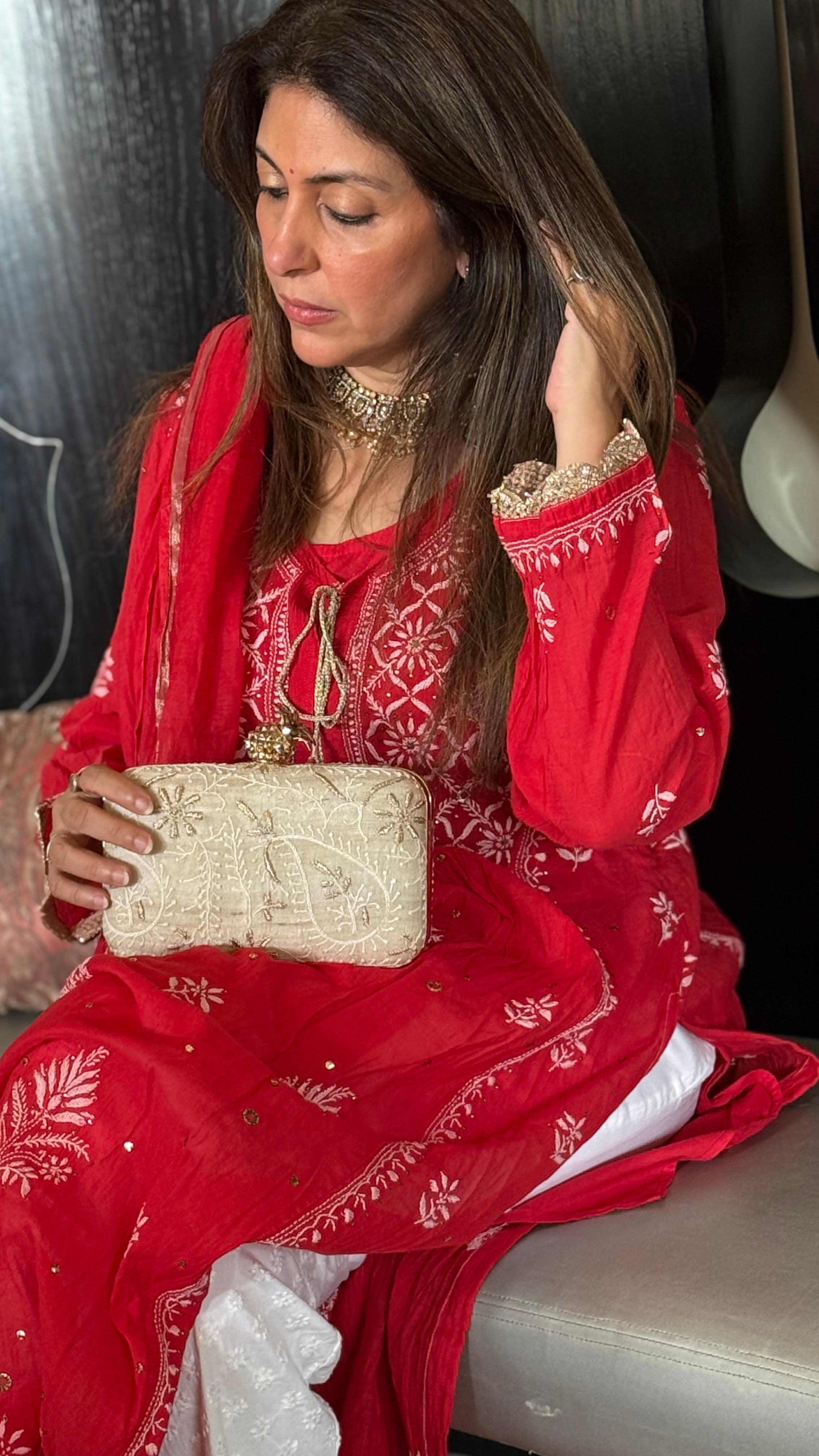 Beige Ameera Clutch With Lucknawi and Zari Emroidery
