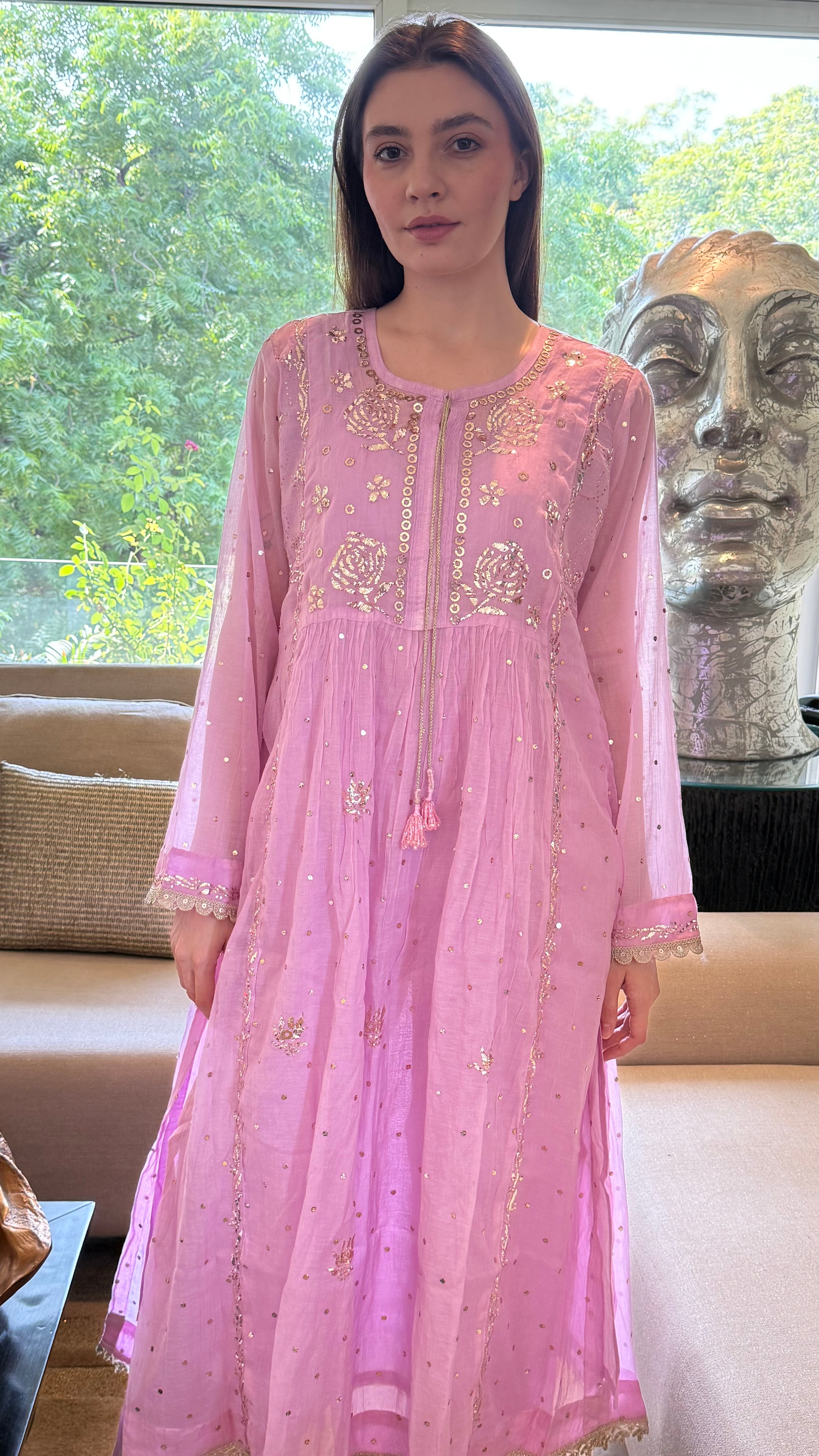 Lilac Haya Kurta Dupatta Pant Set in Chanderi with Golden Pitta