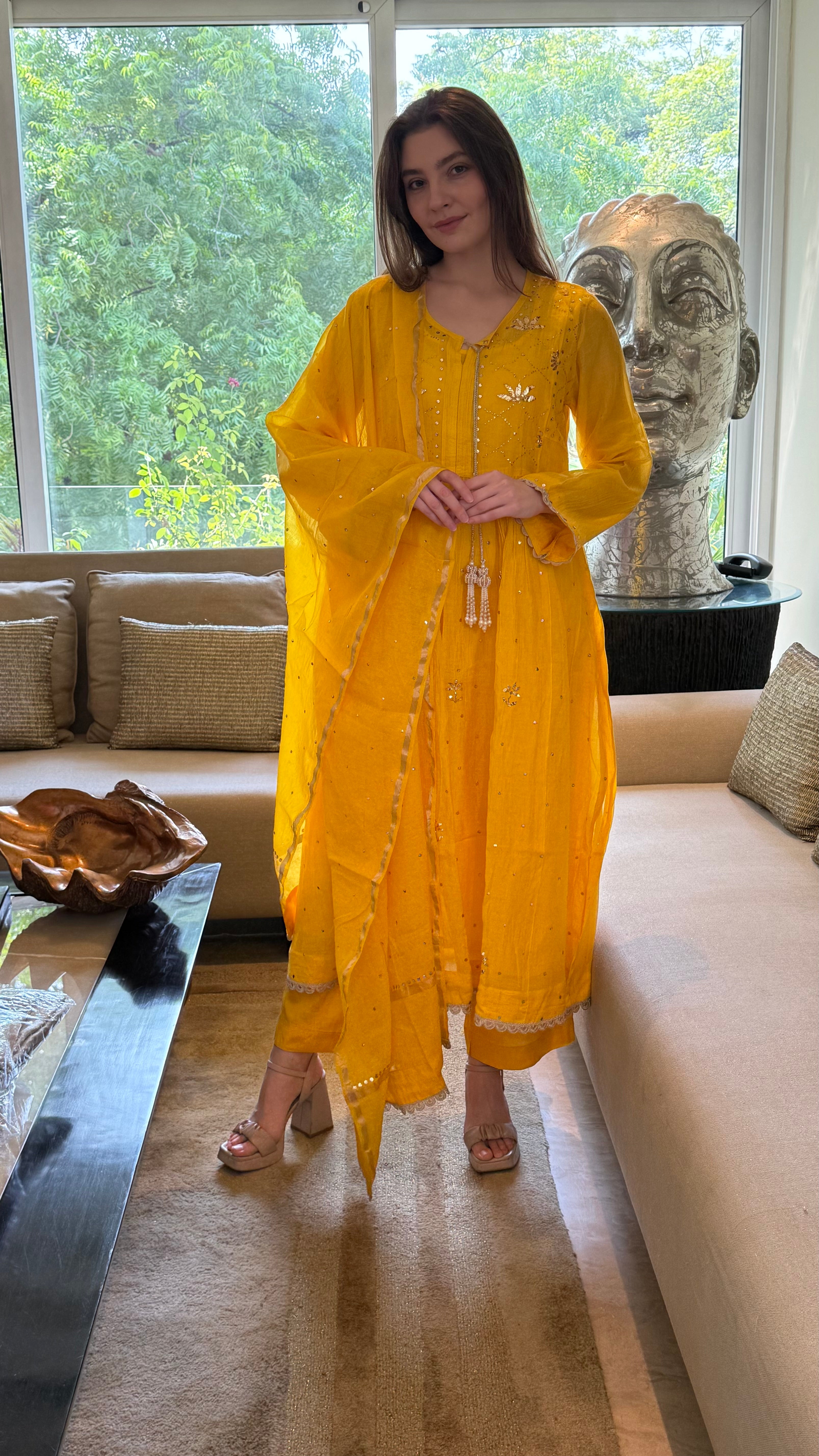 Yellow Haya Kurta Dupatta Pant Set in Chanderi with Golden Pitta