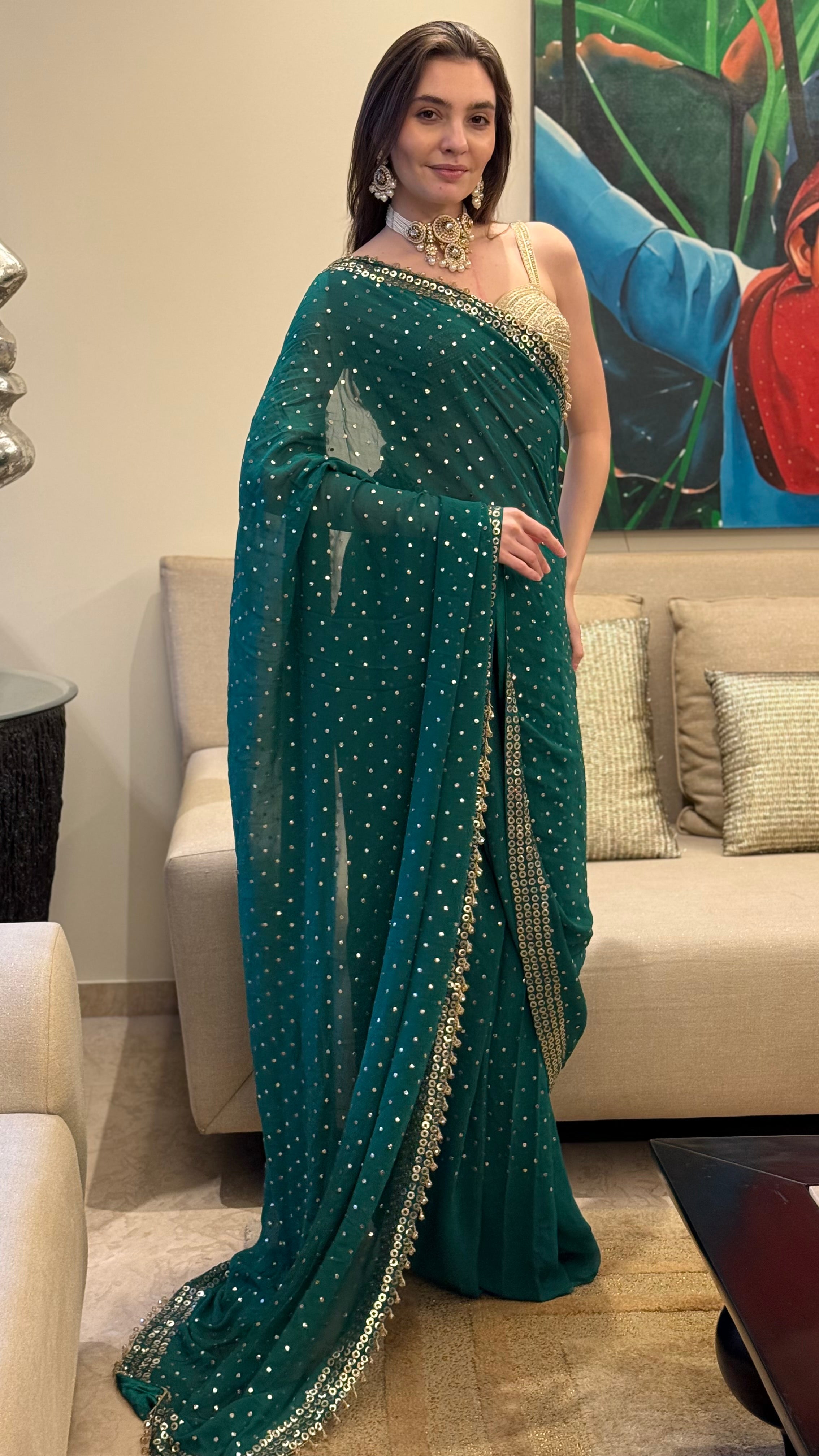 Emerald Green Georgette Mauvish Saree with Heavy Golden Pitta