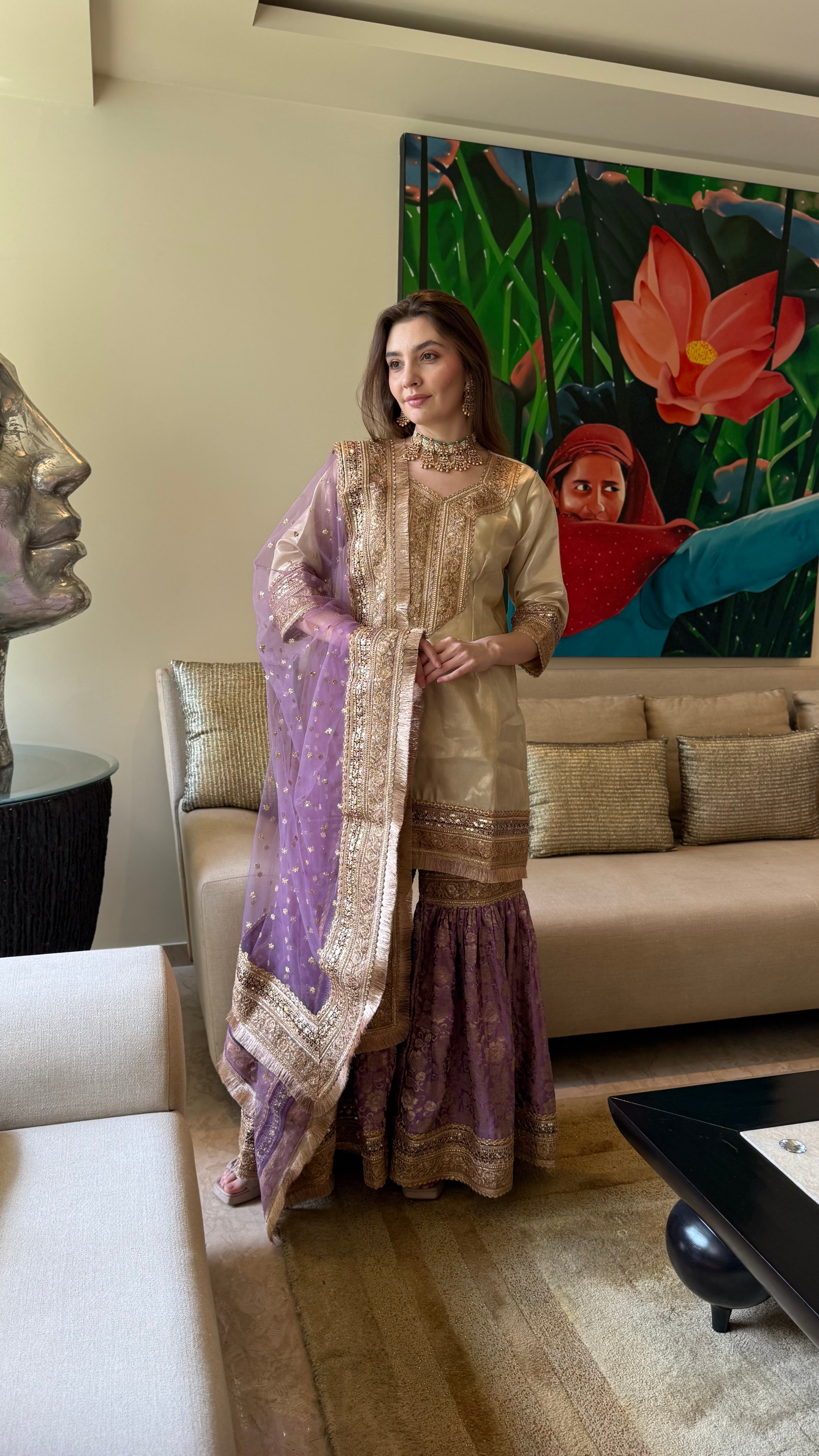 The Noor Jahan Gharara Set in Gold and Purple