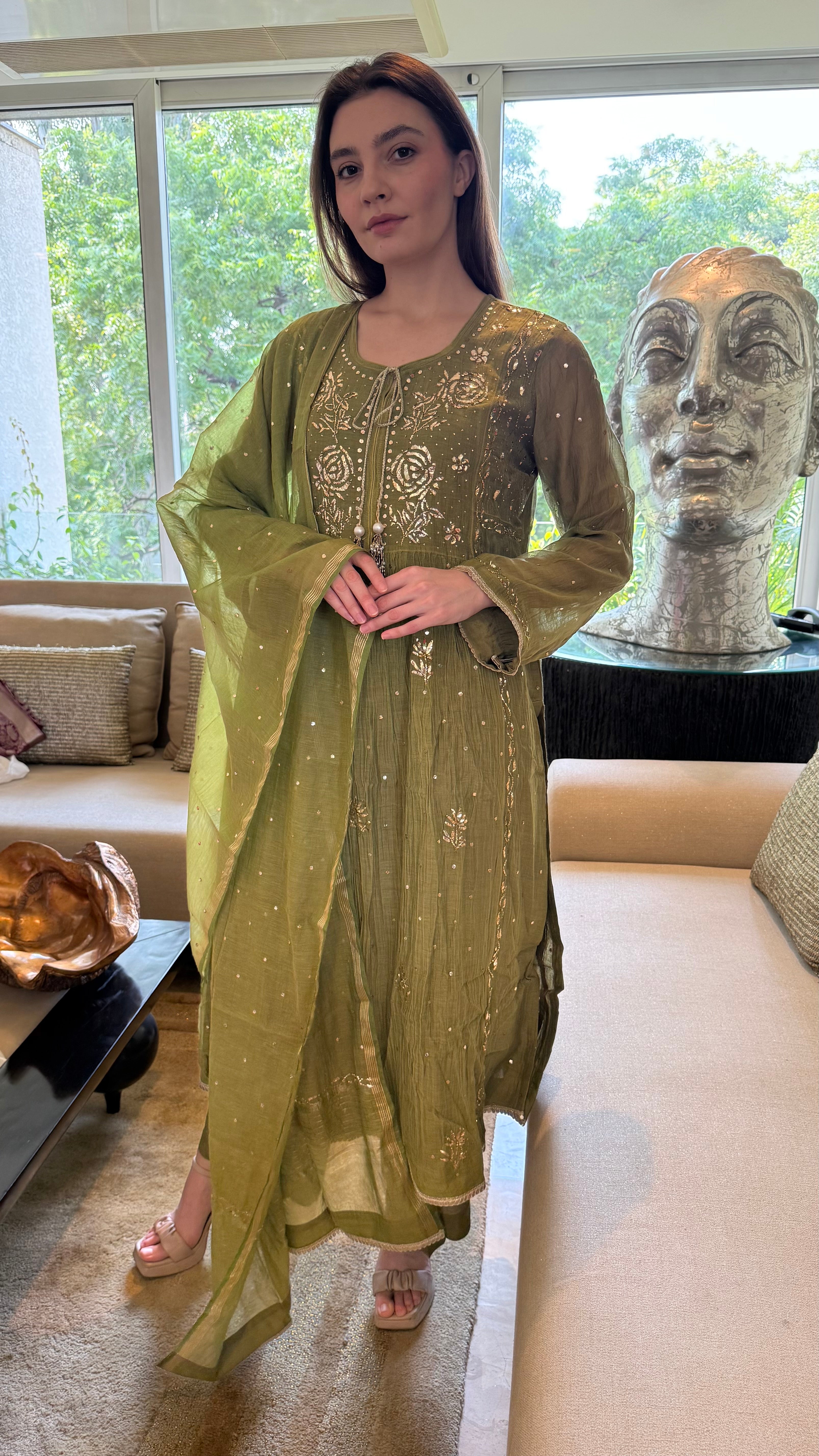 Olive Haya Kurta Dupatta Pant Set in Chanderi with Golden Pitta