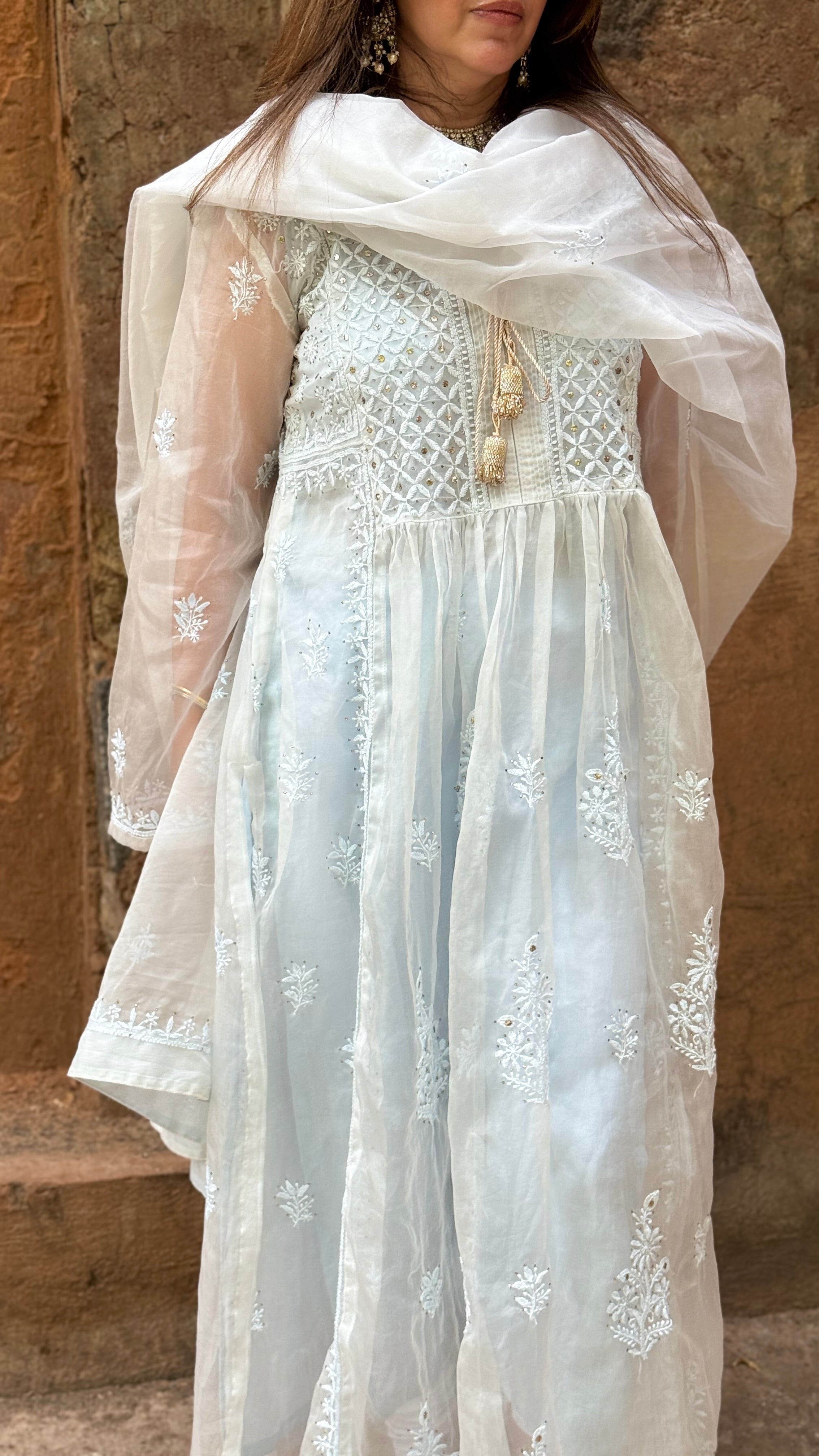 Ice Blue Organza Husna Kurta Pant Dupatta with Moti Cutdana
