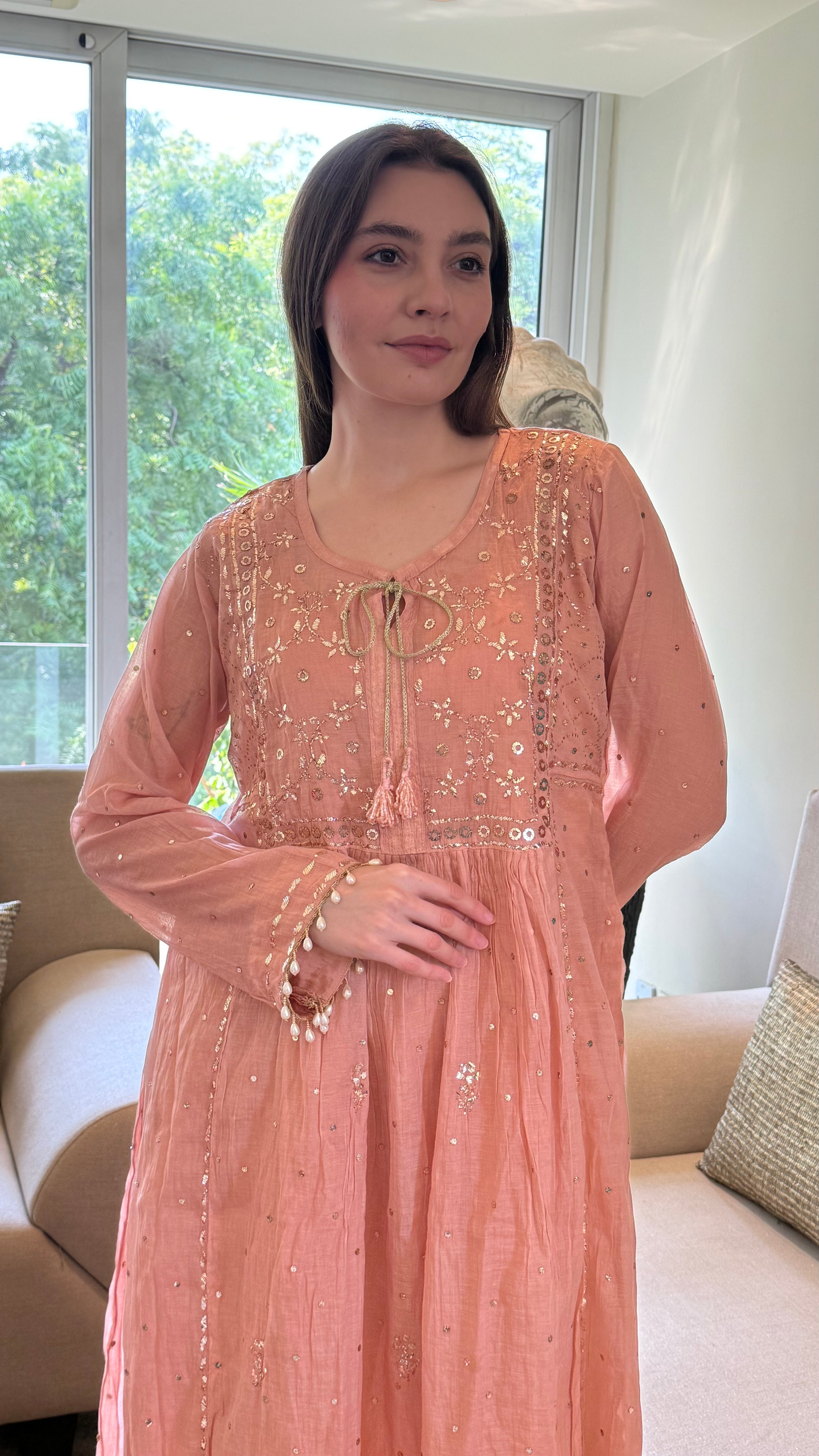 Dark Nude Haya Kurta Dupatta Pant Set in Chanderi with Golden Pitta