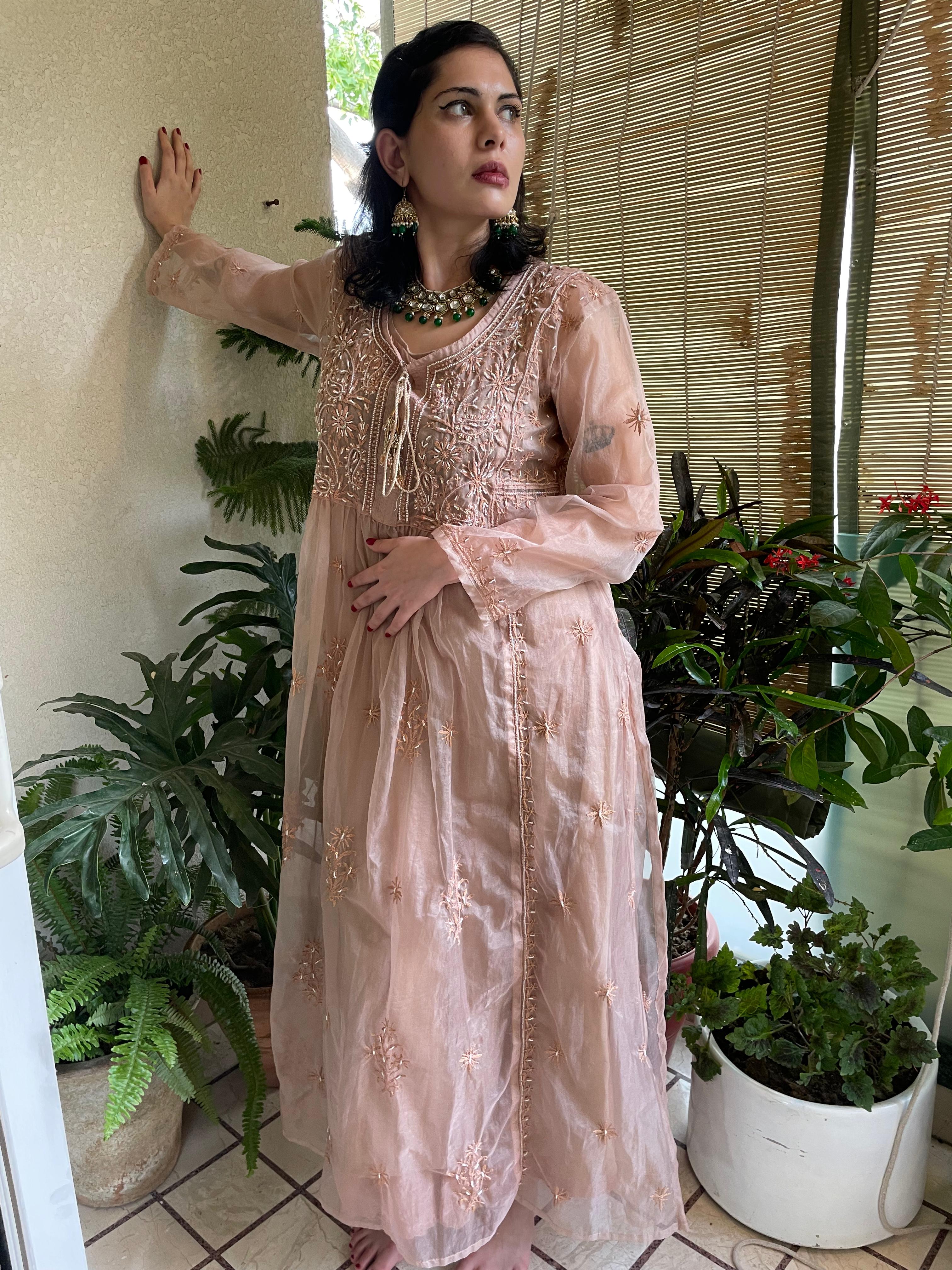 Brown Organza Husna Kurta Pant Dupatta with Moti Cutdana