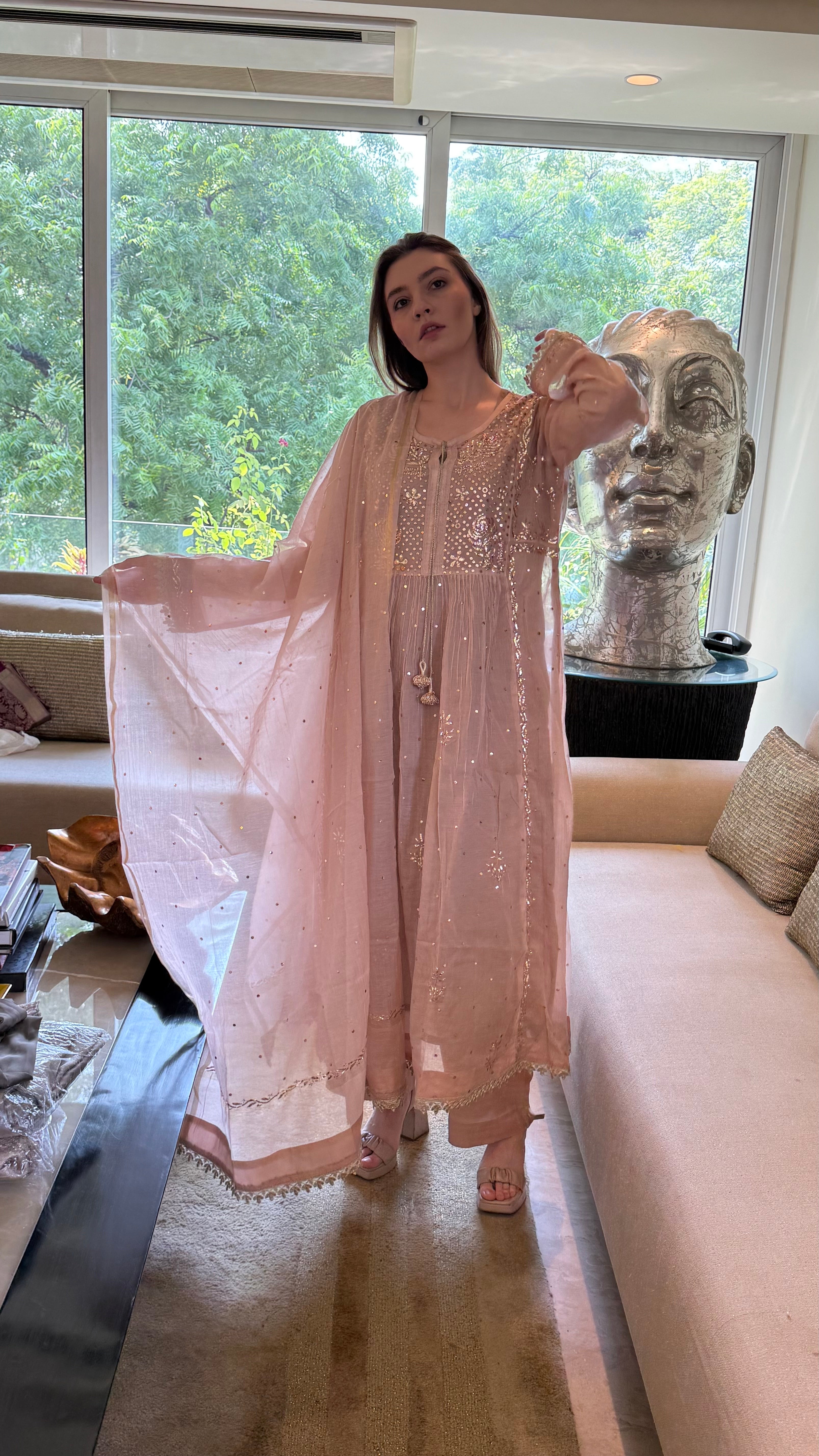 Rose Haya Kurta Dupatta Pant Set in Chanderi with Golden Pitta
