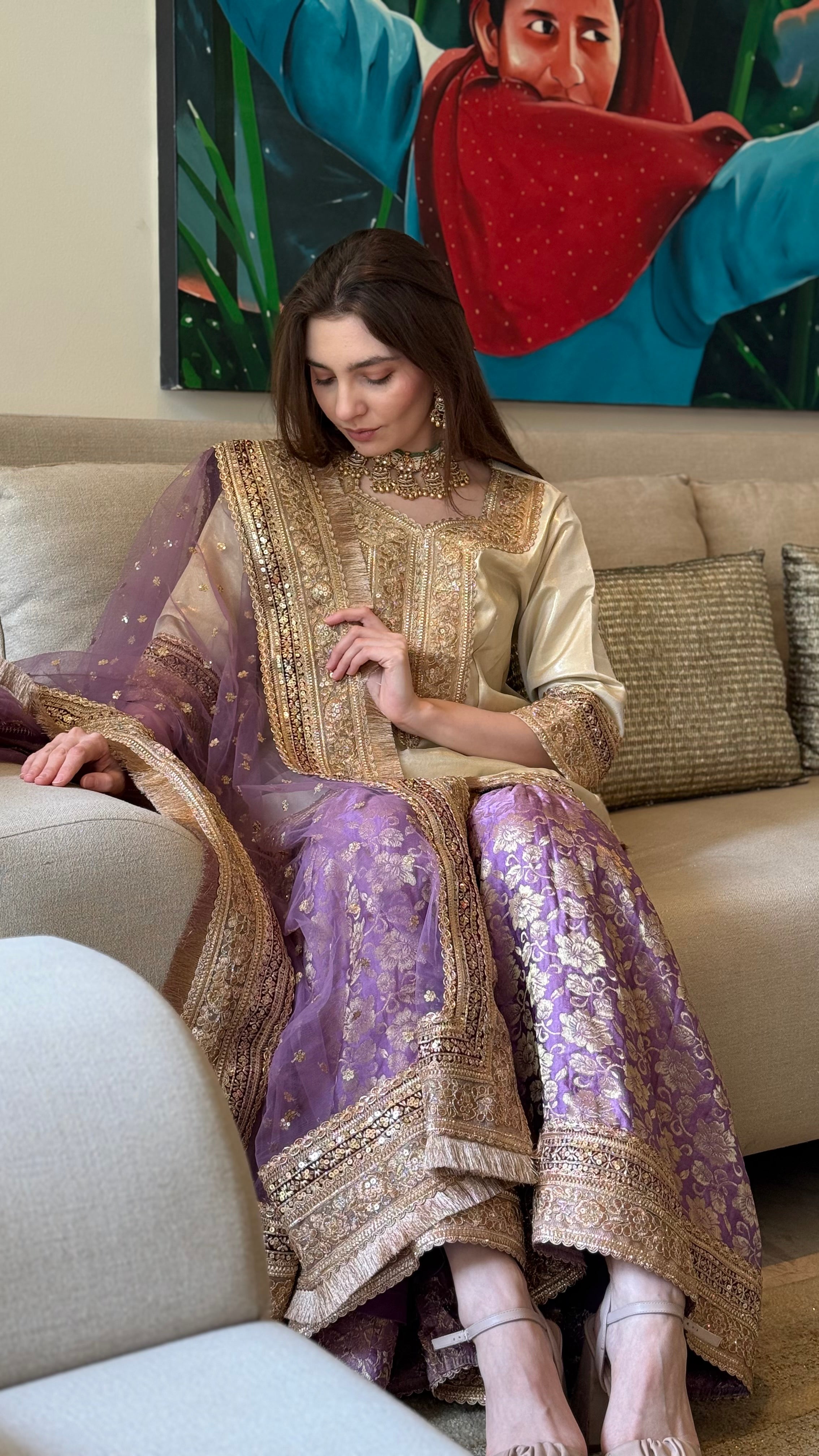The Noor Jahan Gharara Set in Gold and Purple