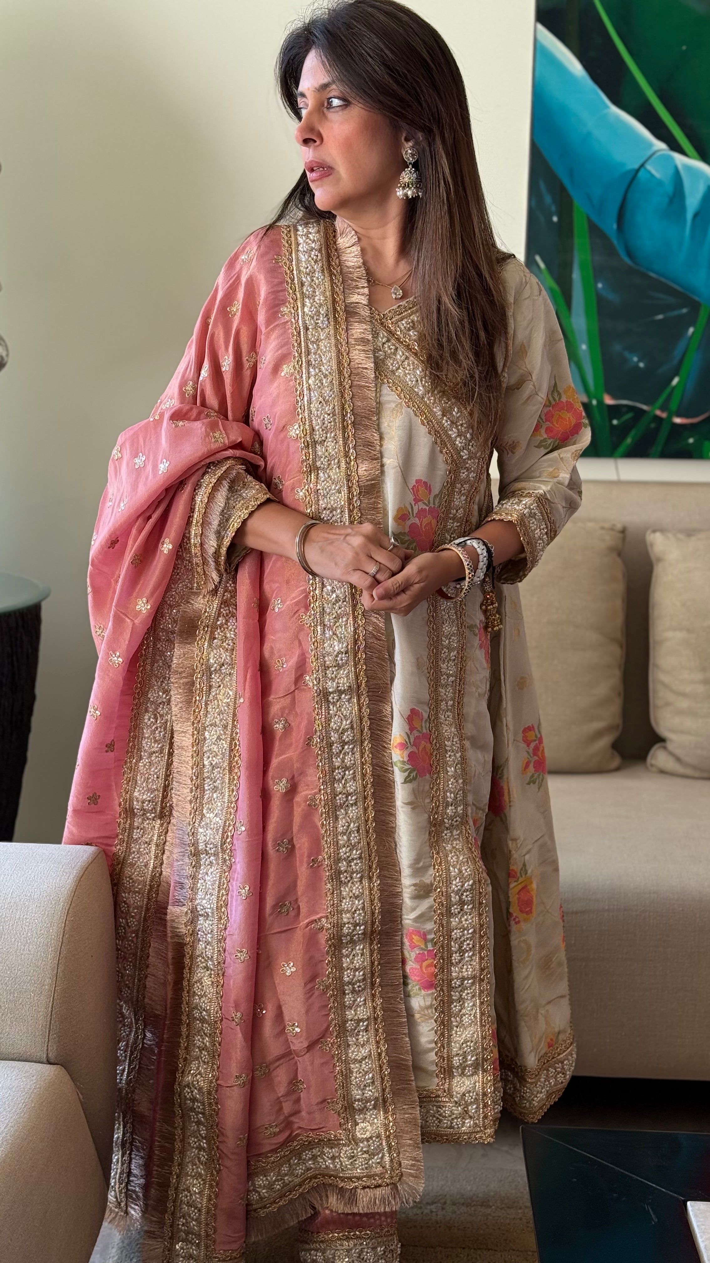 Ivory And Pink Hamida Angarkha set
