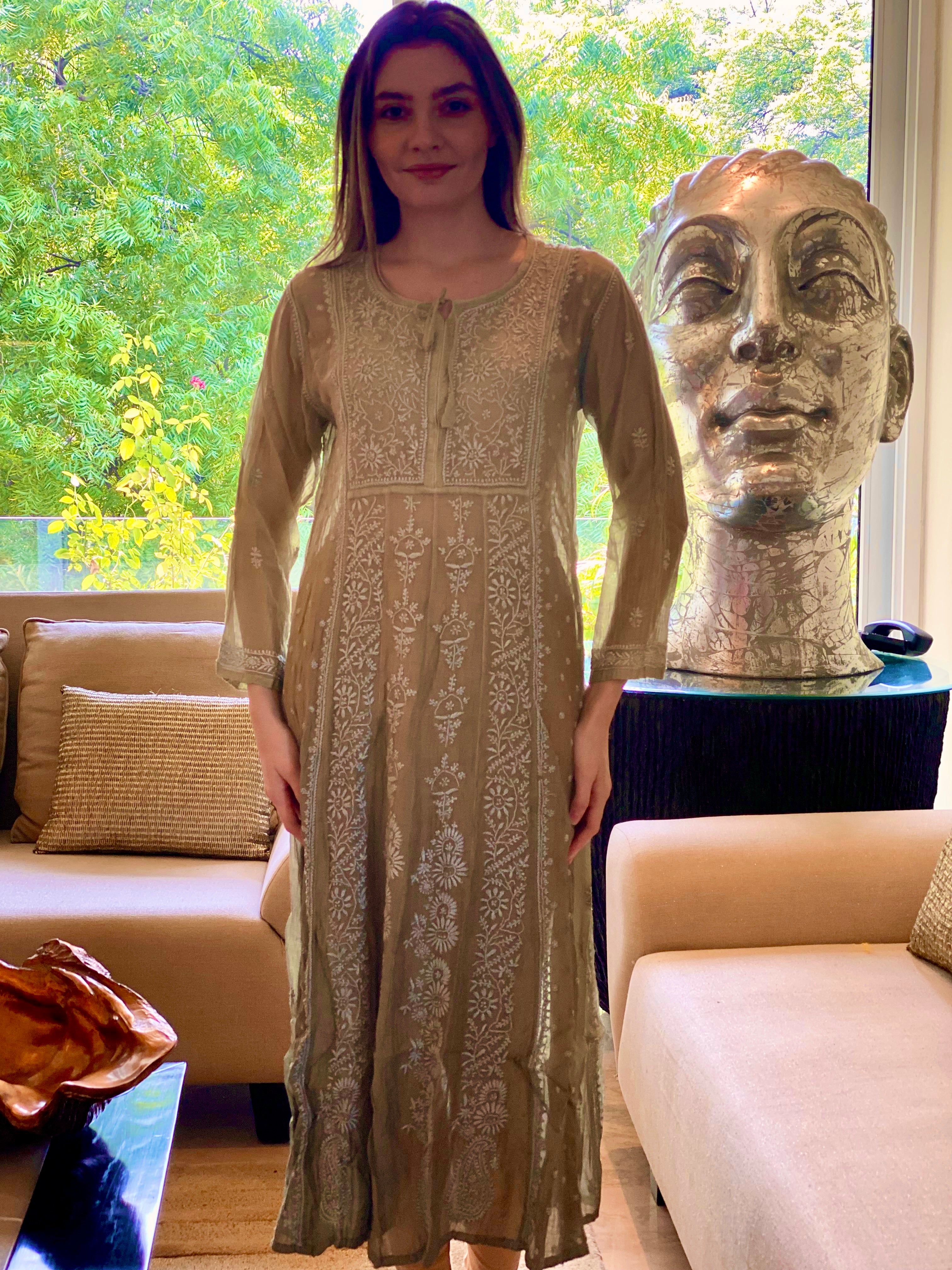 Olive Bano Mul Chanderi Anarkali With Brocade