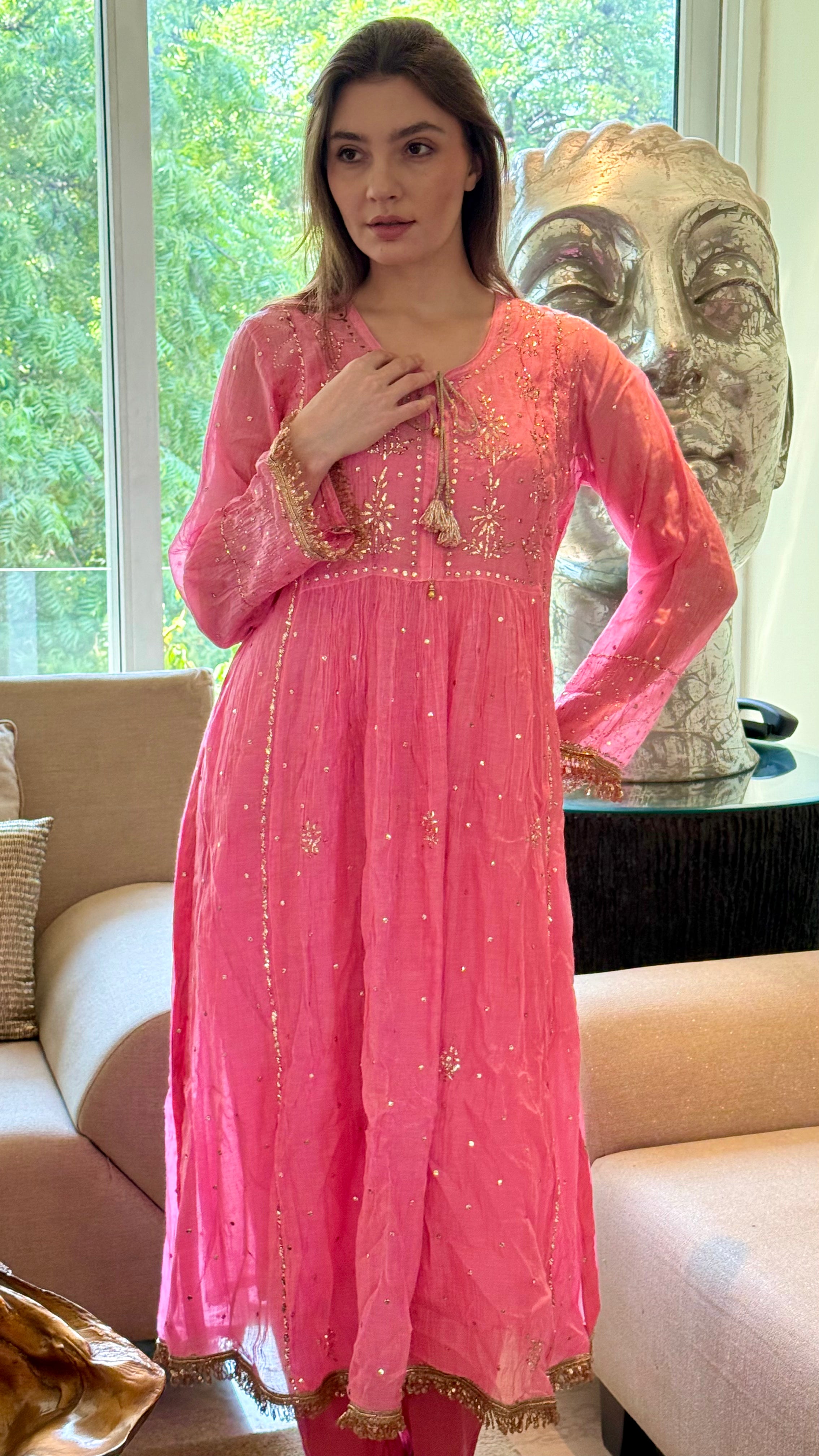 Candy Pink Haya Kurta Dupatta Pant Set in Chanderi with Golden Pitta