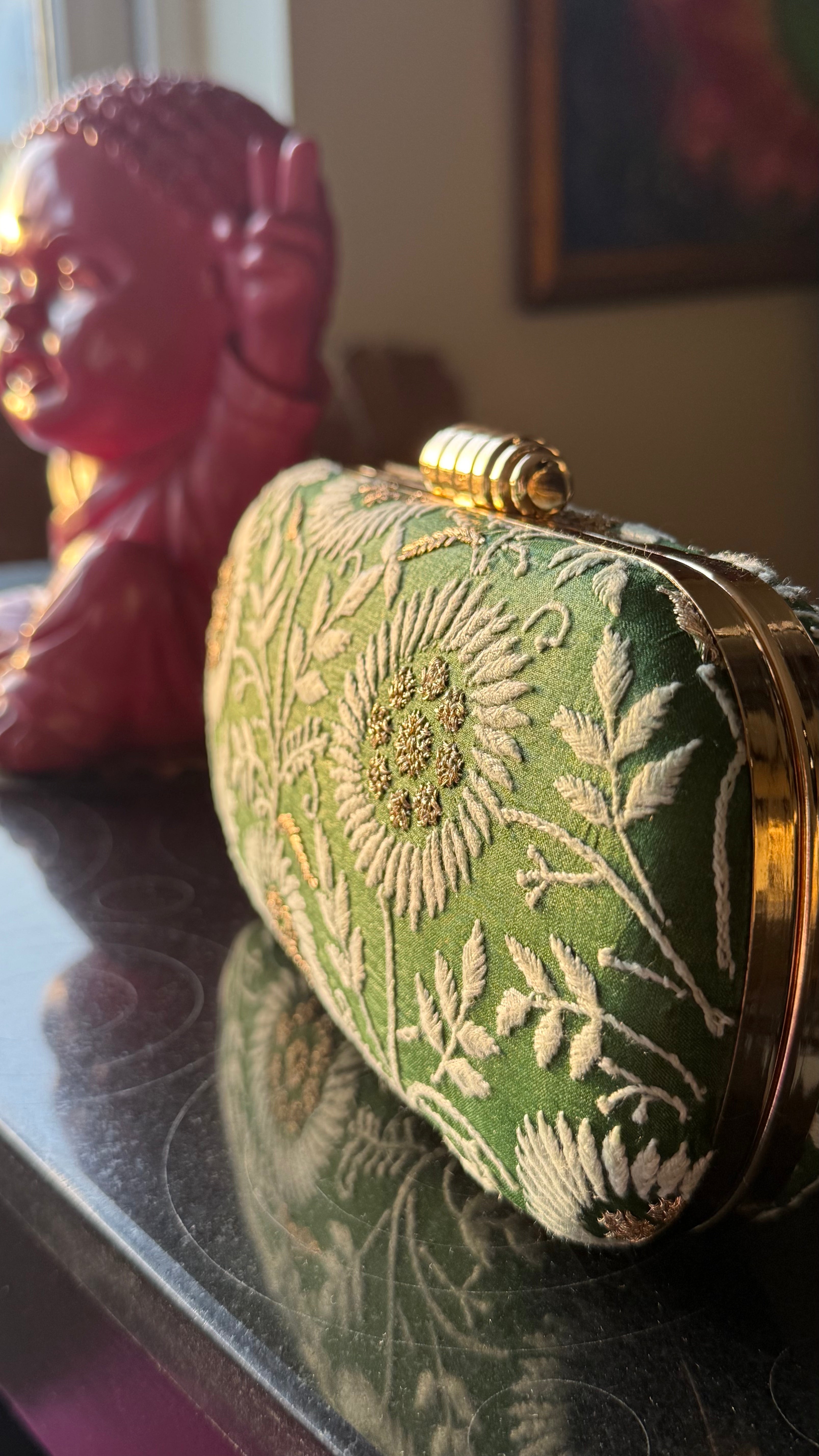 Green Ameera Clutch With Lucknawi and Zari Emroidery
