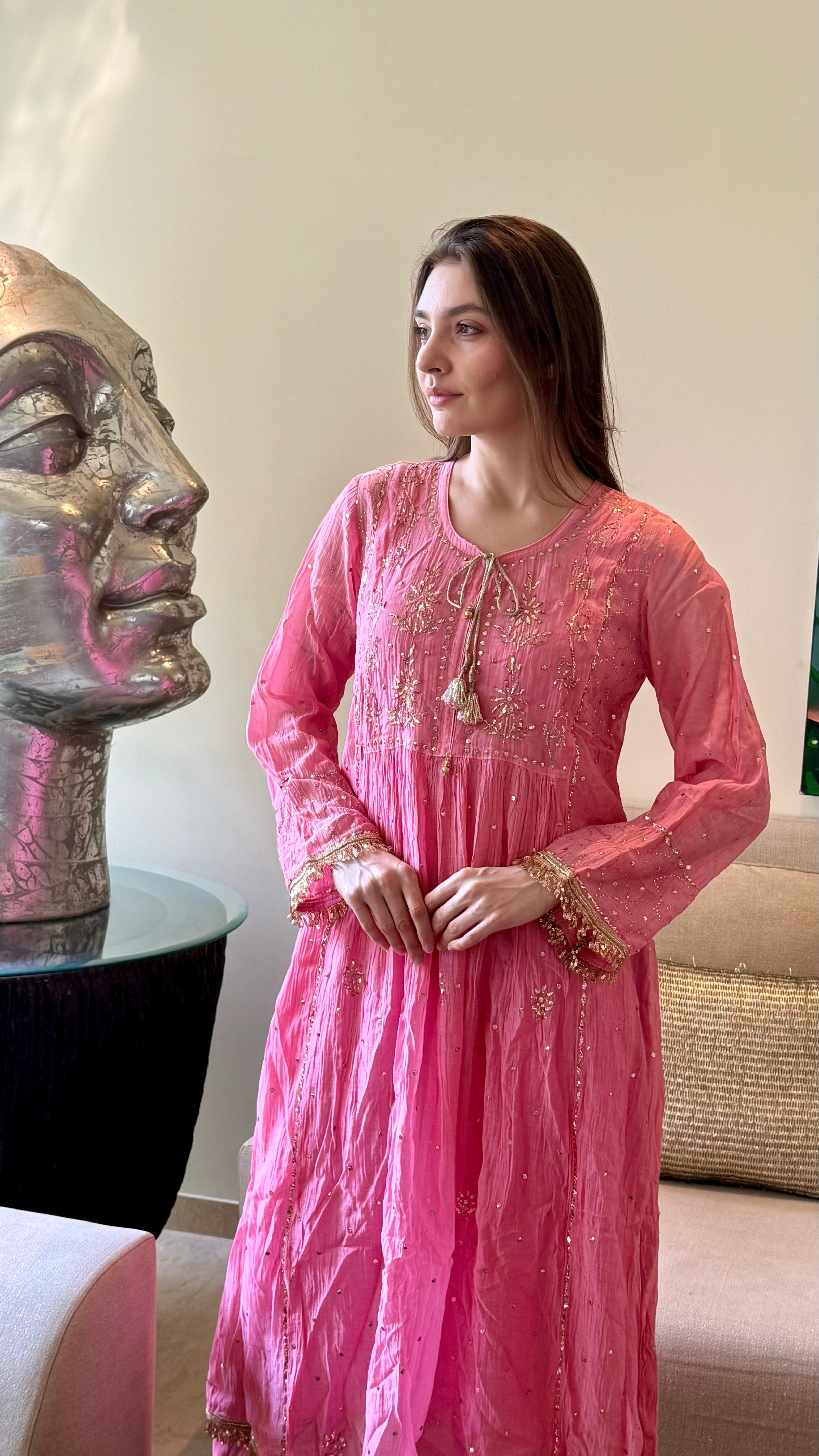 Candy Pink Haya Kurta Dupatta Pant Set in Chanderi with Golden Pitta