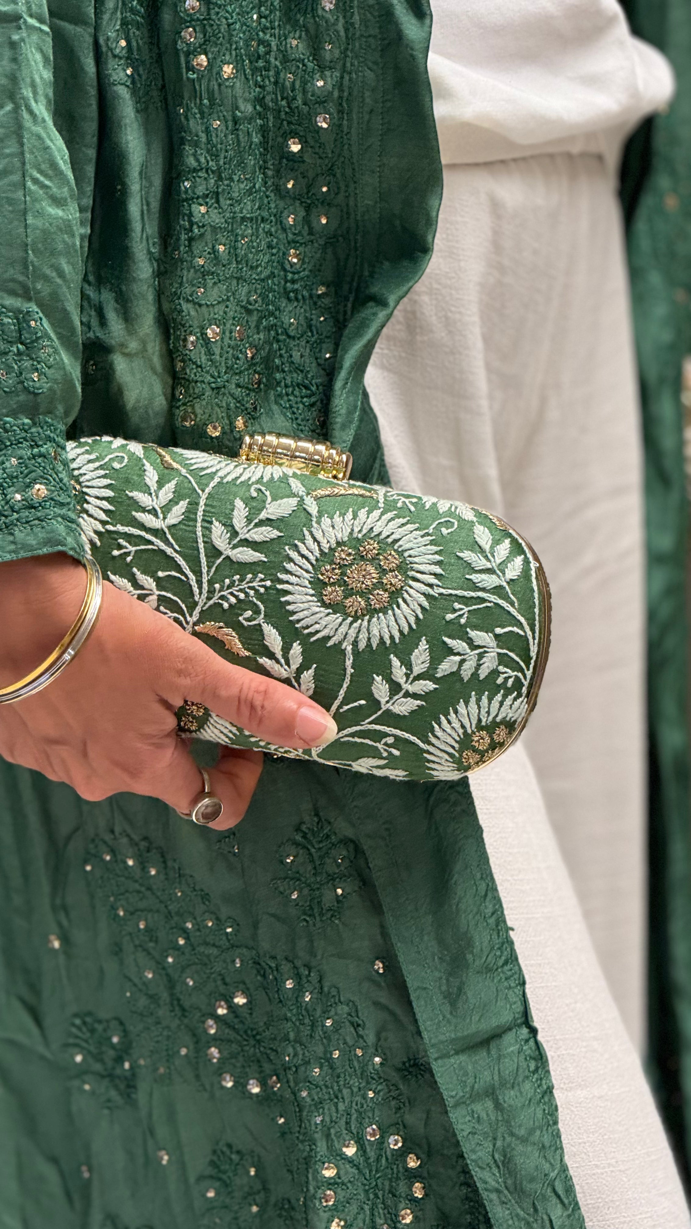 Green Ameera Clutch With Lucknawi and Zari Emroidery