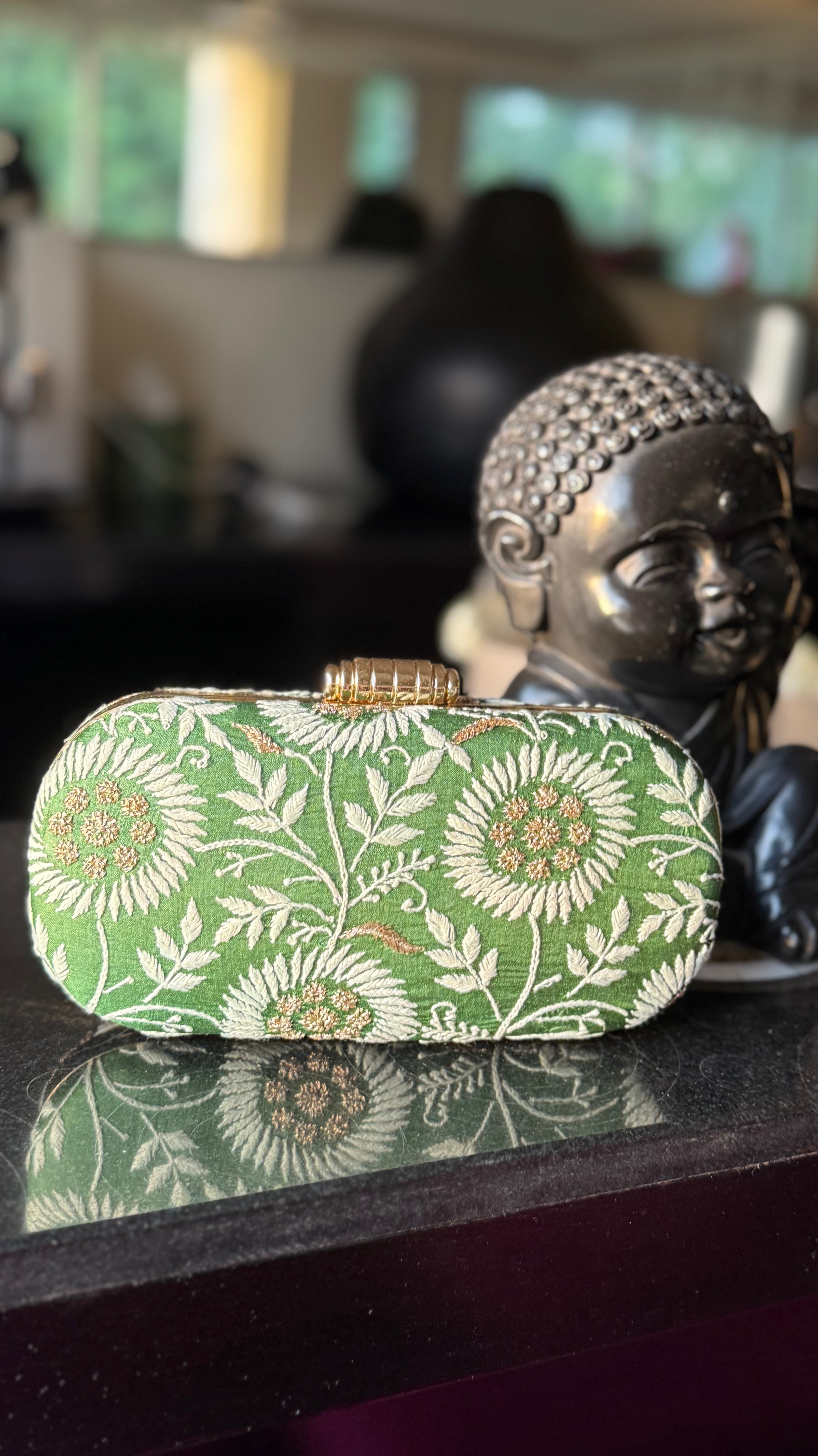 Green Ameera Clutch With Lucknawi and Zari Emroidery