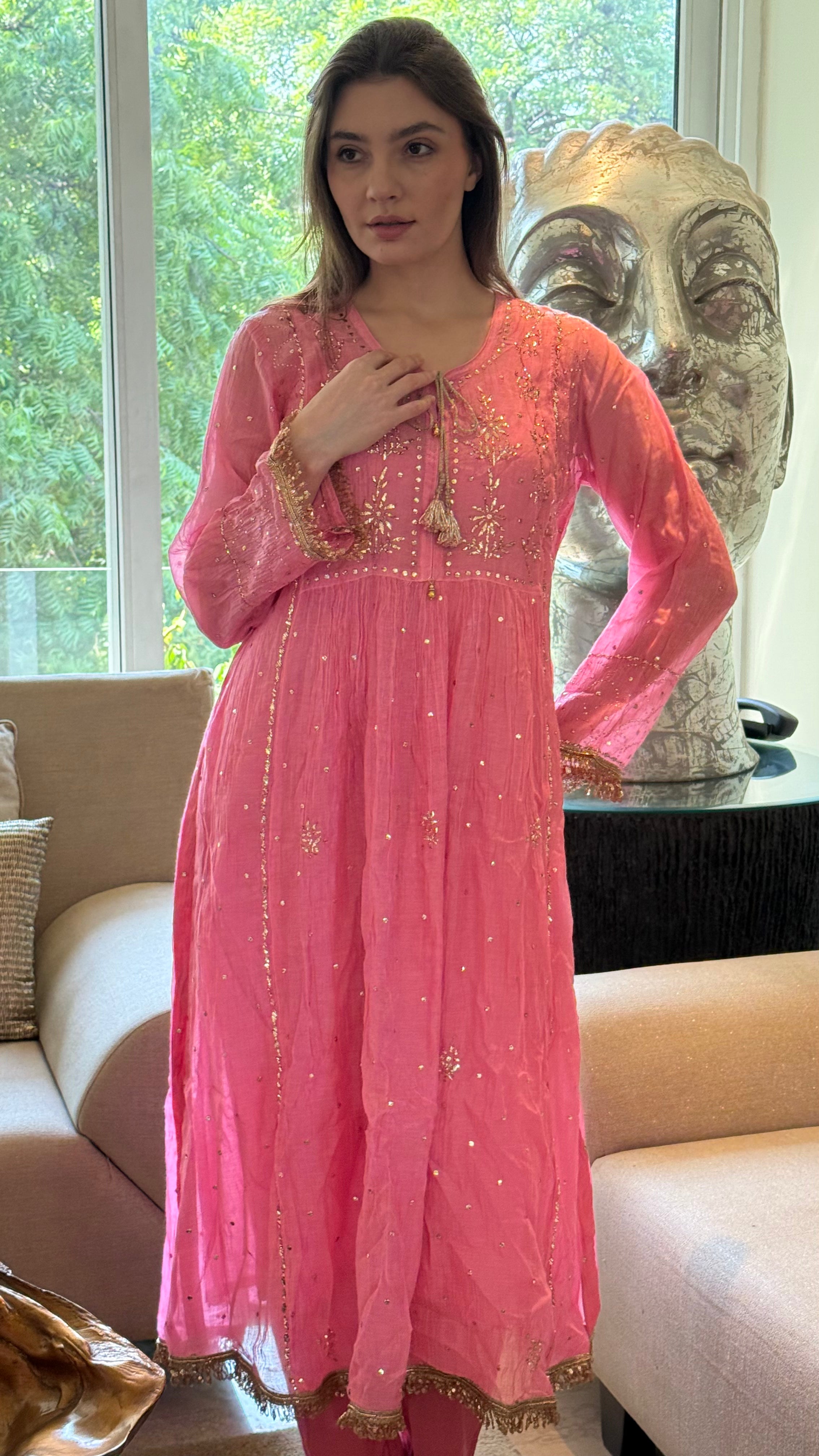 Candy Pink Haya Kurta Dupatta Pant Set in Chanderi with Golden Pitta
