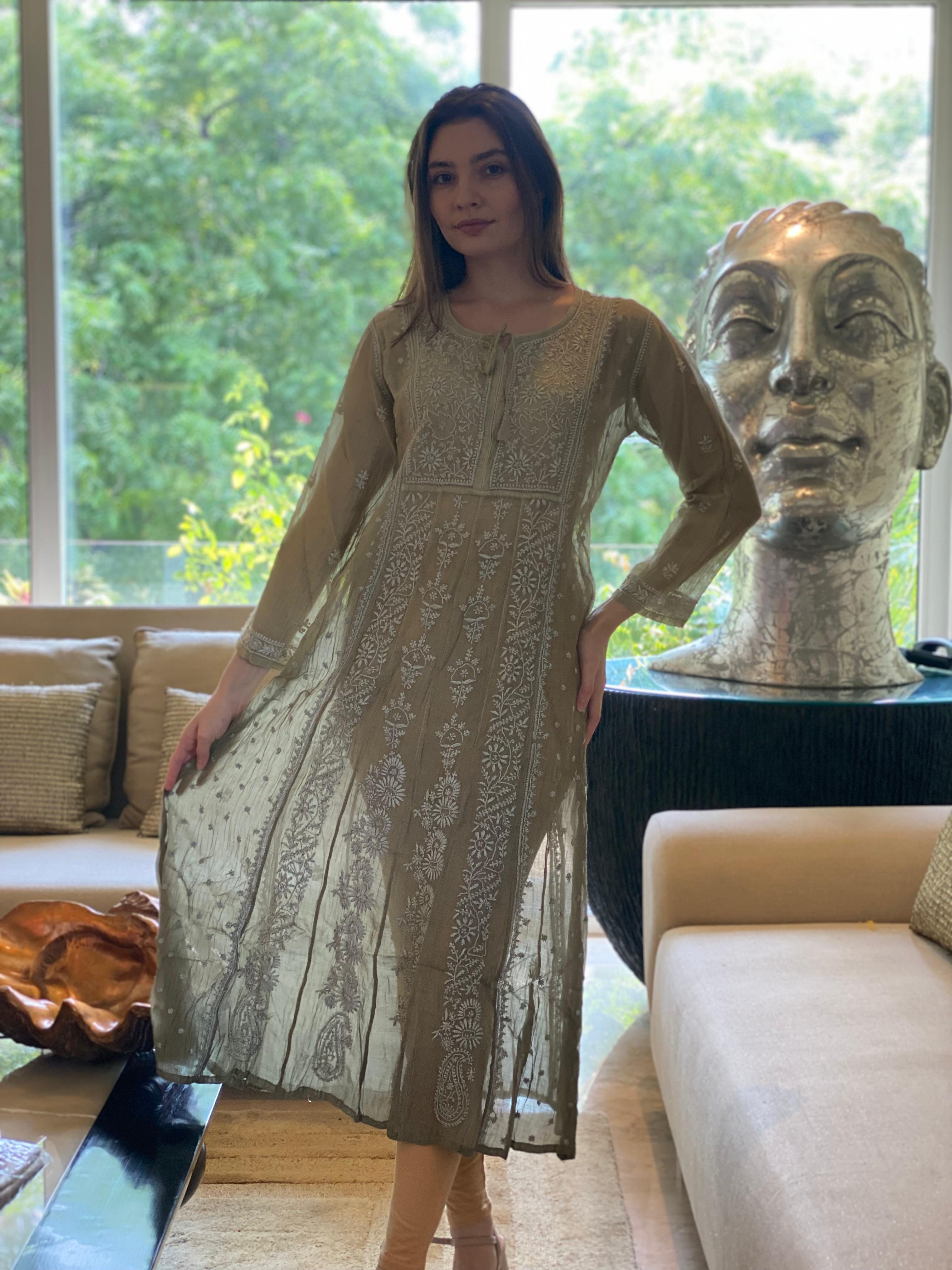 Olive Bano Mul Chanderi Anarkali With Brocade