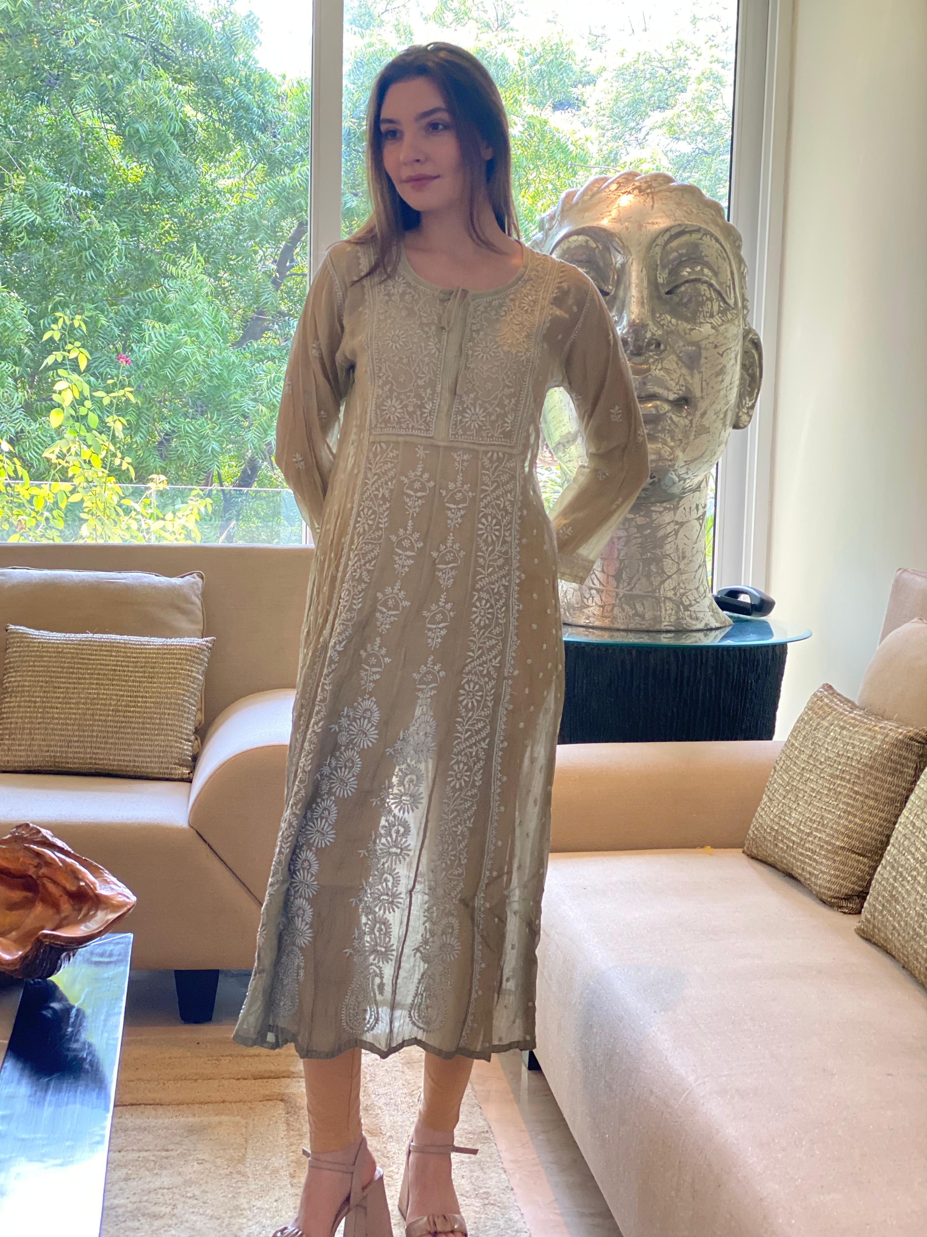 Olive Bano Mul Chanderi Anarkali With Brocade