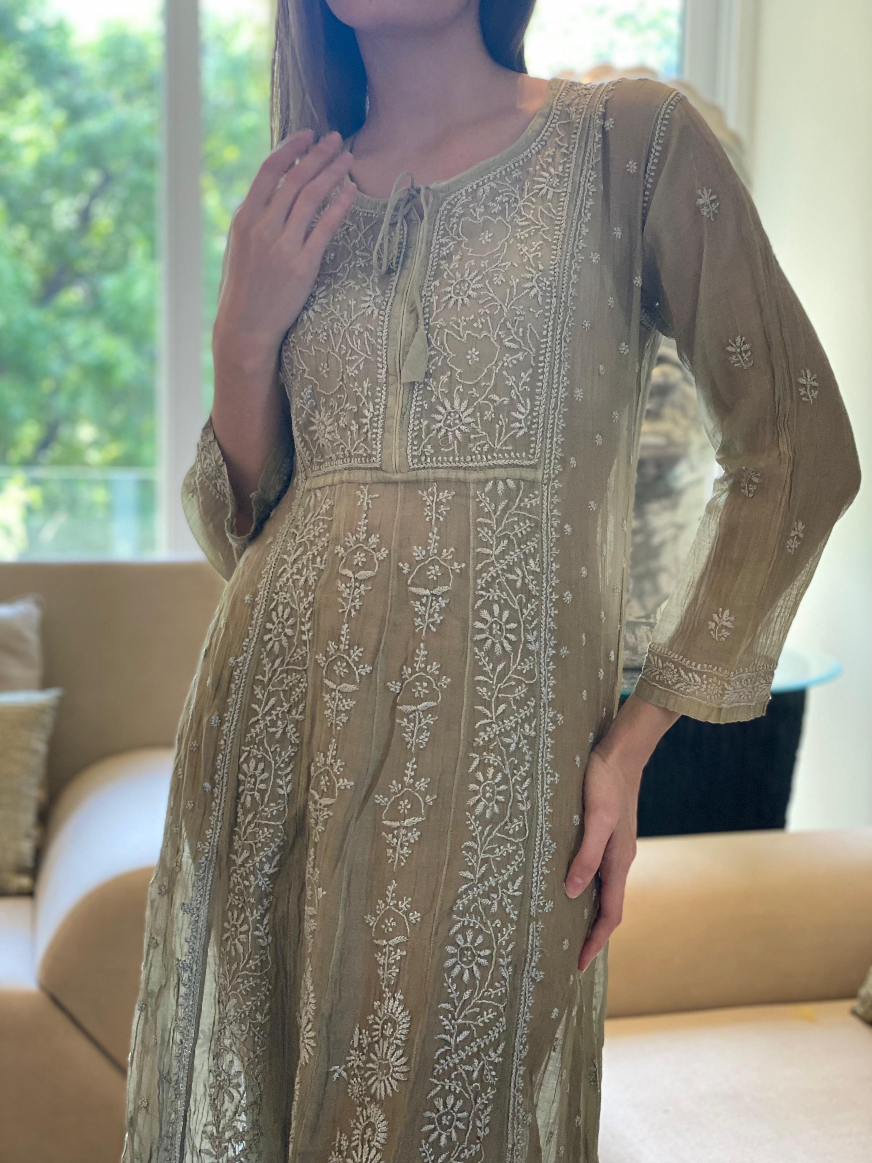 Olive Bano Mul Chanderi Anarkali With Brocade
