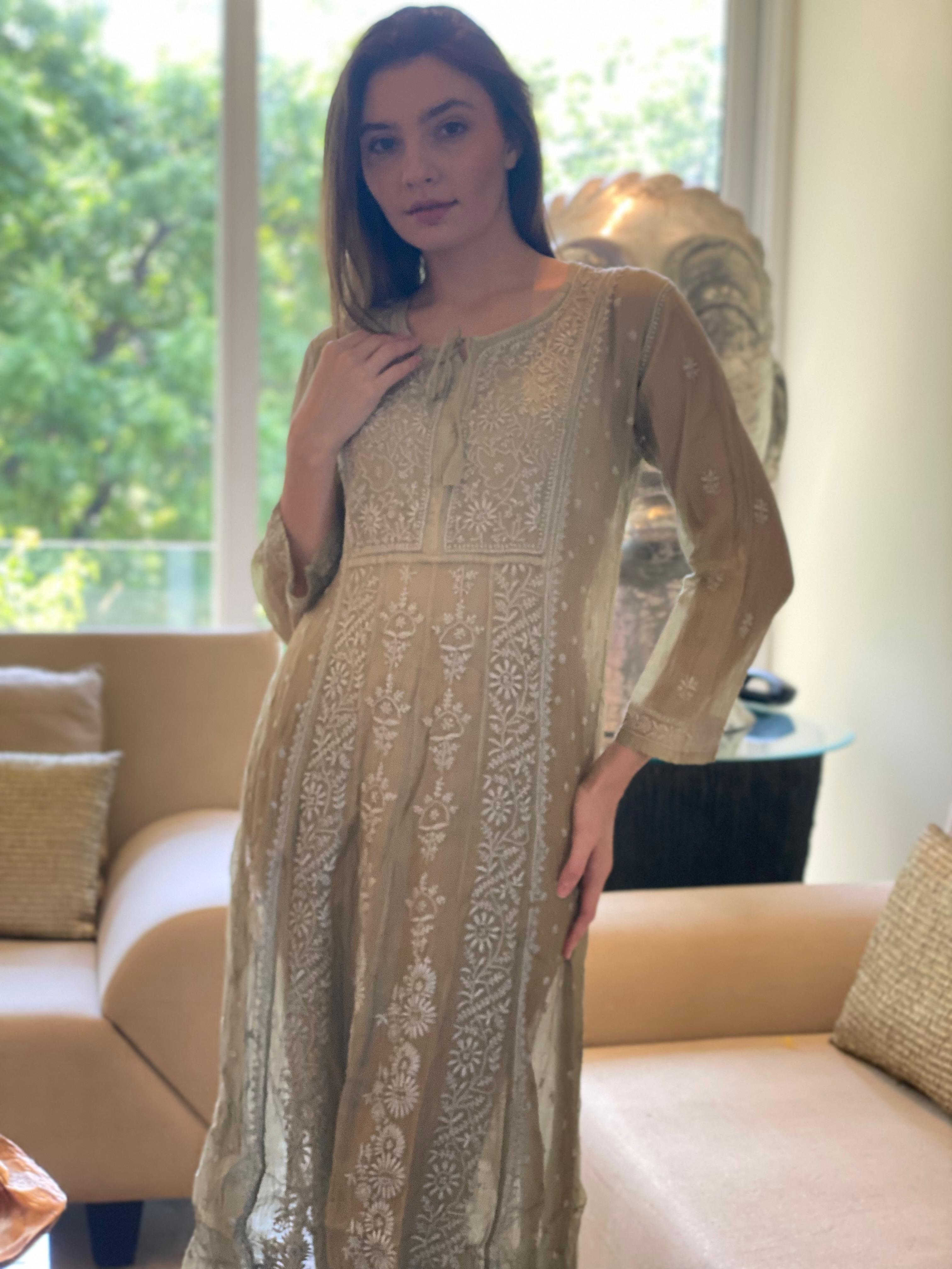 Olive Bano Mul Chanderi Anarkali With Brocade