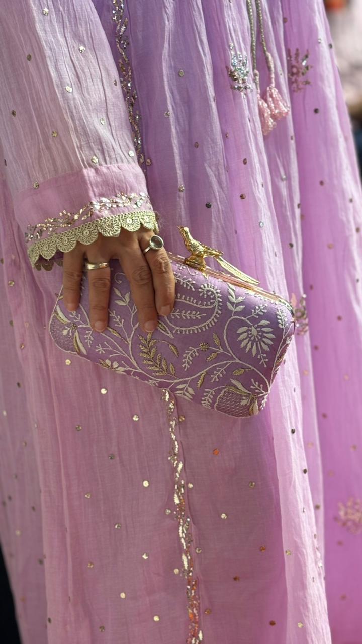 Lilac Ameera Clutch With Lucknawi and Zari Emroidery